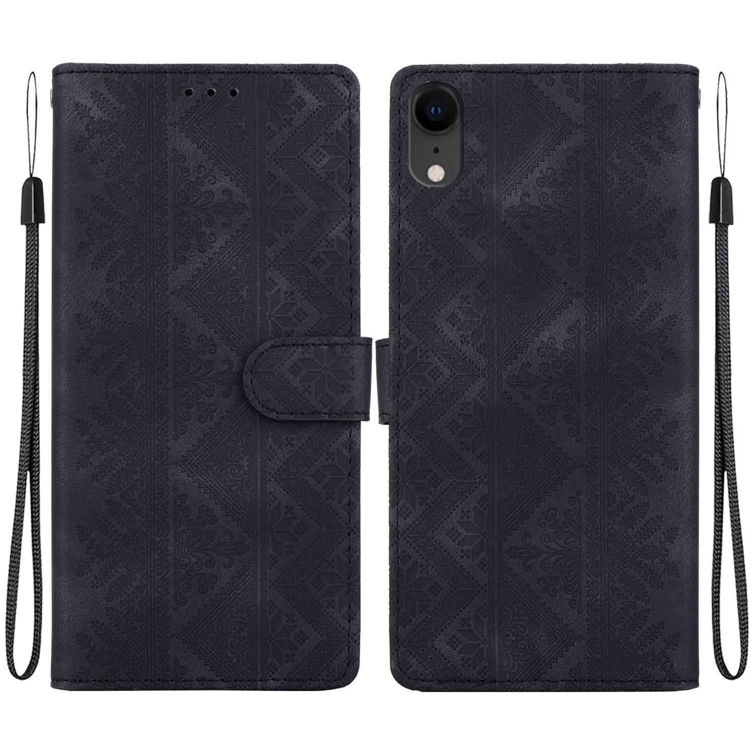 For iPhone XR Ethnic Pattern Embossed Vegan Leather Phone Case(Black) - Shopkiz.com