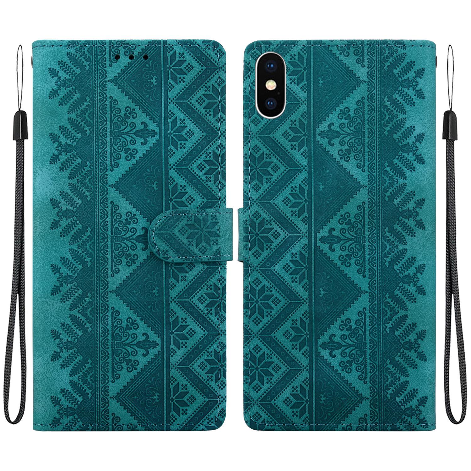 For iPhone X / XS Ethnic Pattern Embossed Vegan Leather Phone Case(Green) - Shopkiz.com