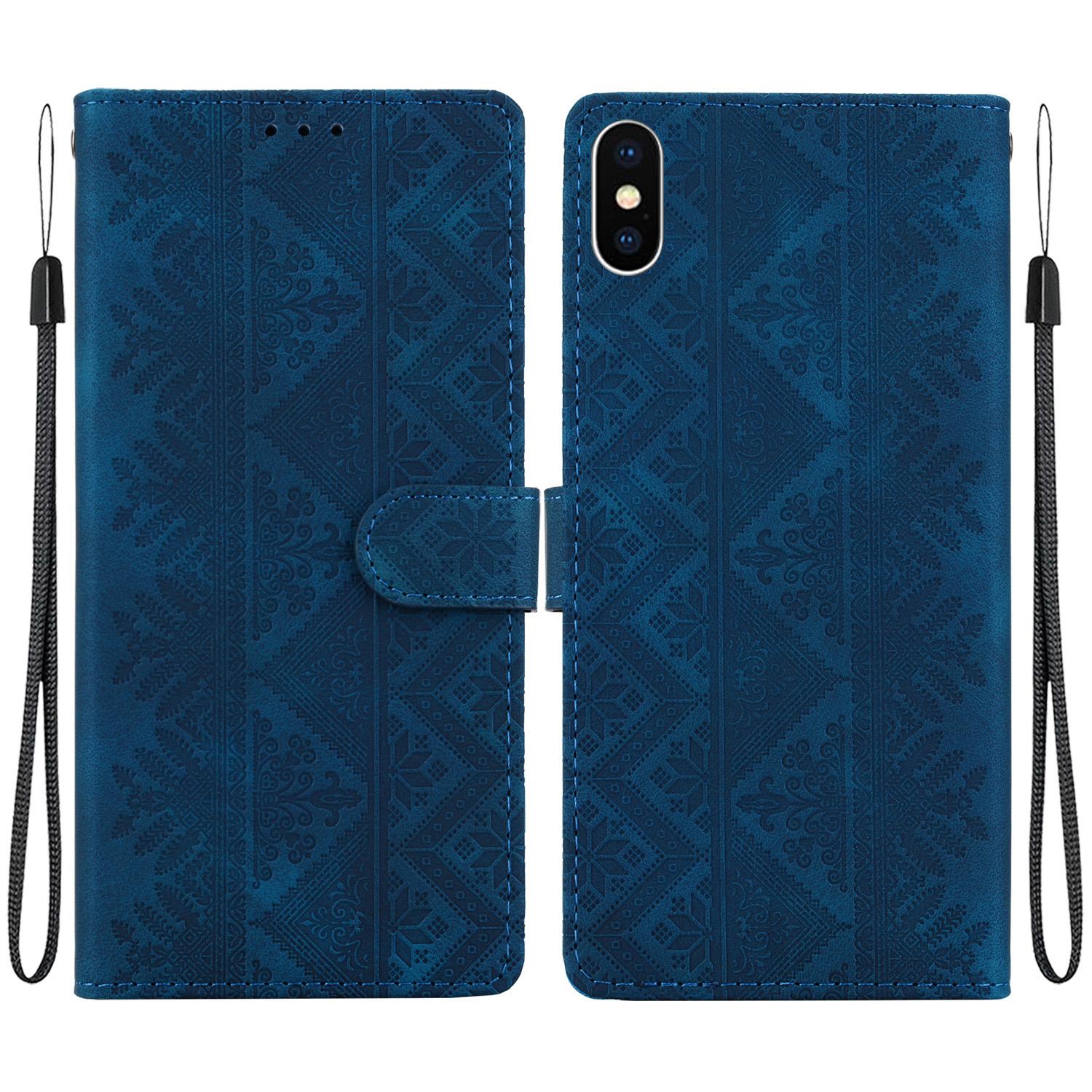 For iPhone X / XS Ethnic Pattern Embossed Vegan Leather Phone Case(Dark Blue) - Shopkiz.com