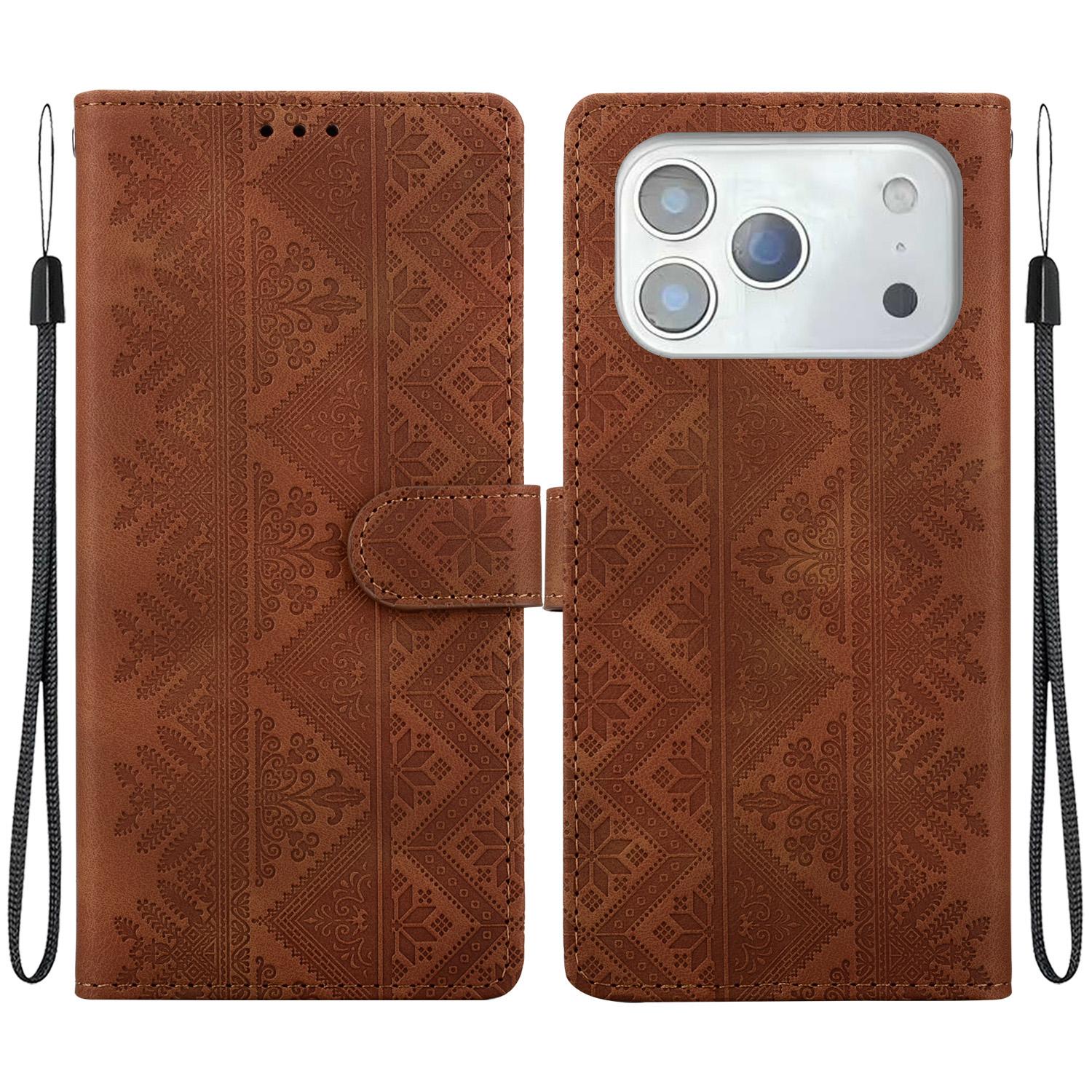 For iPhone 17 Pro Max Ethnic Pattern Embossed Vegan Leather Phone Case(Brown) - Shopkiz.com