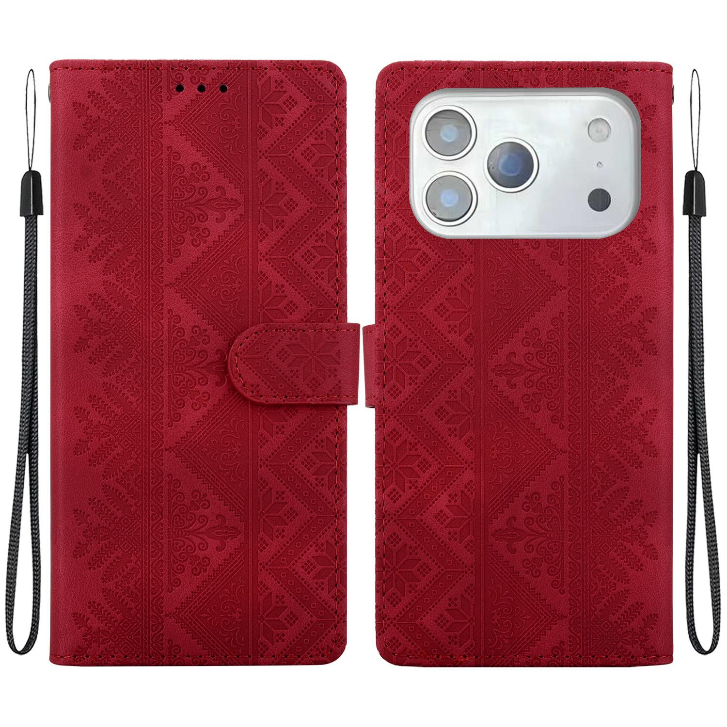 For iPhone 17 Pro Ethnic Pattern Embossed Vegan Leather Phone Case(Red) - Shopkiz.com