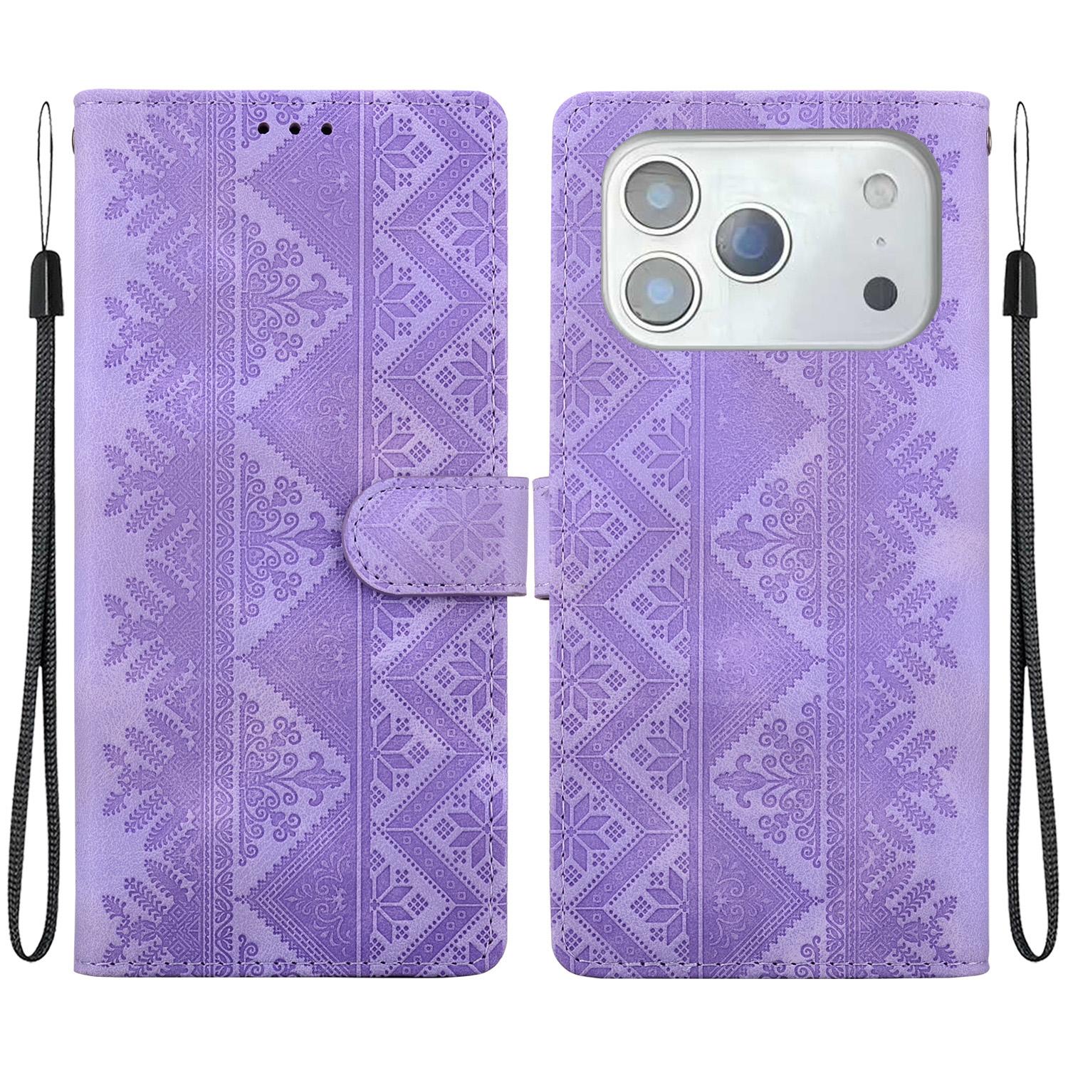 For iPhone 17 Pro Ethnic Pattern Embossed Vegan Leather Phone Case(Purple) - Shopkiz.com