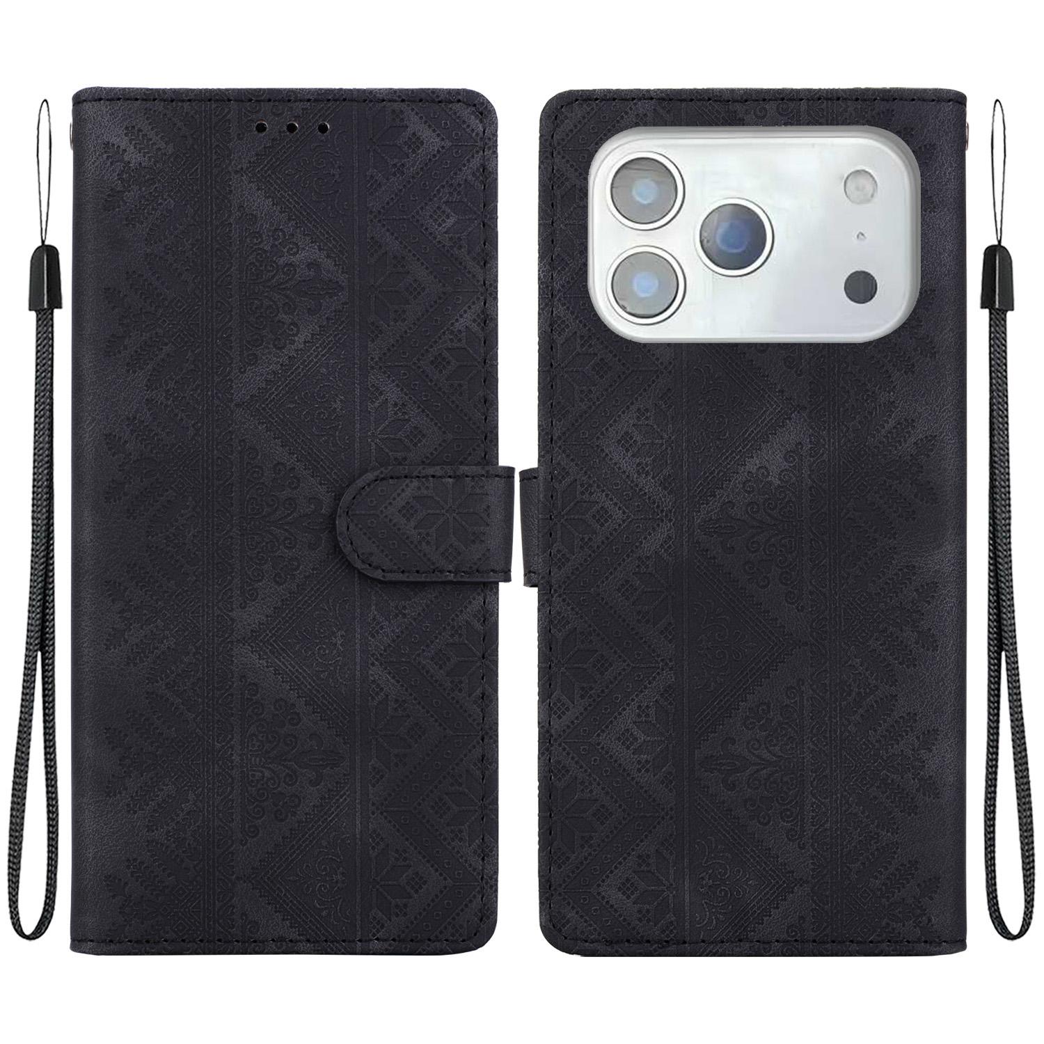 For iPhone 17 Pro Ethnic Pattern Embossed Vegan Leather Phone Case(Black) - Shopkiz.com