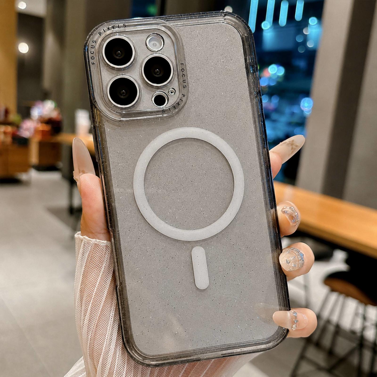 For iPhone 13 Pro Glitter Letter Lens Frame Magnetic Phone Case(Black) - Shopkiz.com