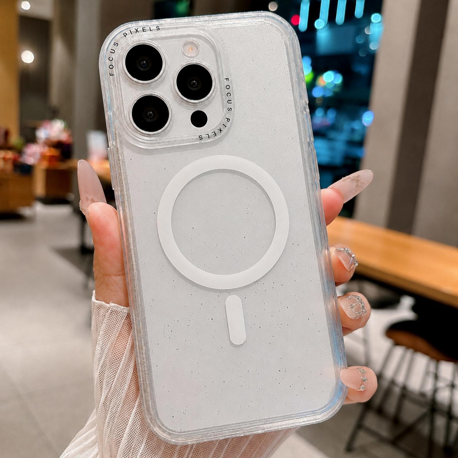 For iPhone 13 Pro Glitter Letter Lens Frame Magnetic Phone Case(White) - Shopkiz.com