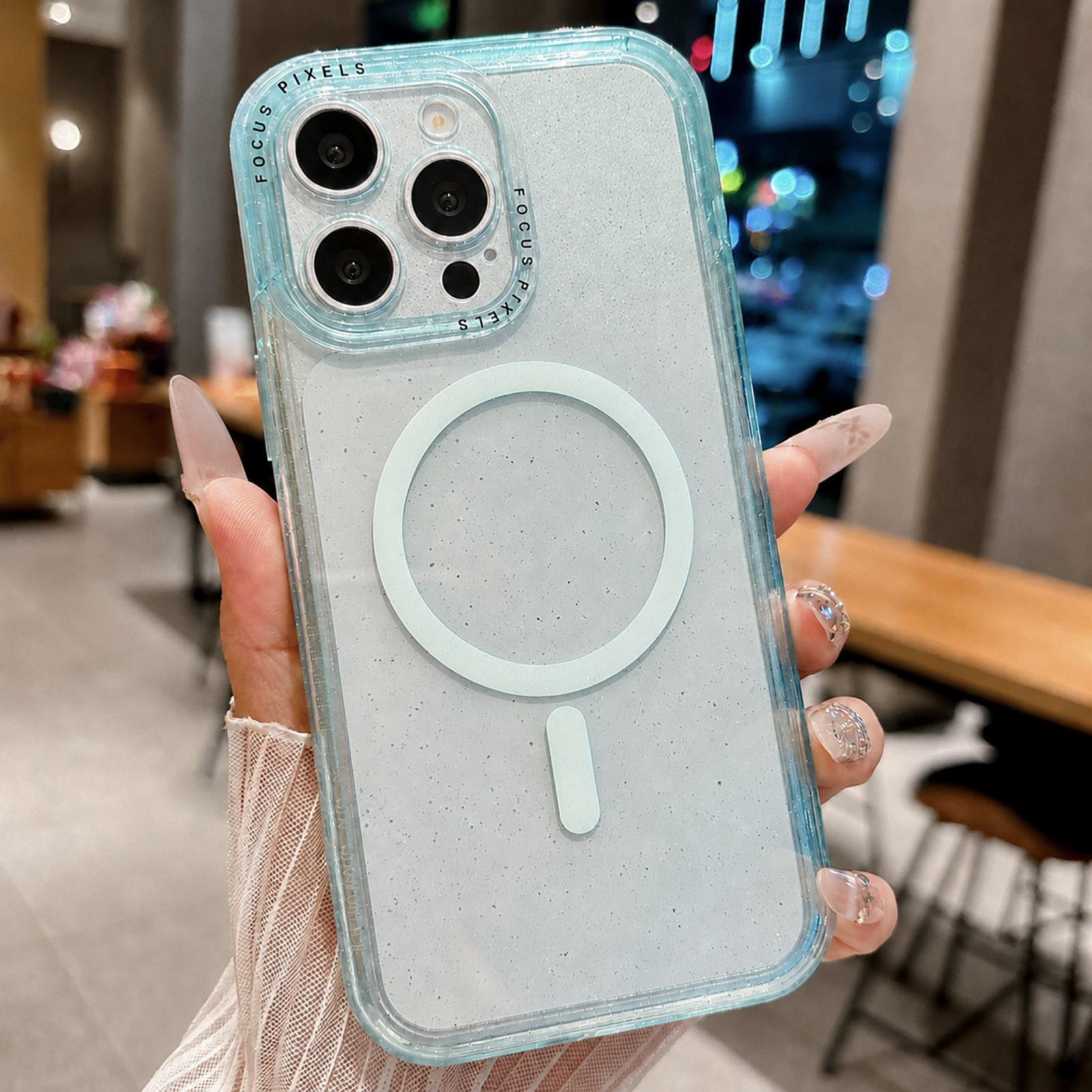 For iPhone 13 Pro Max Glitter Letter Lens Frame Magnetic Phone Case(Blue) - Shopkiz.com
