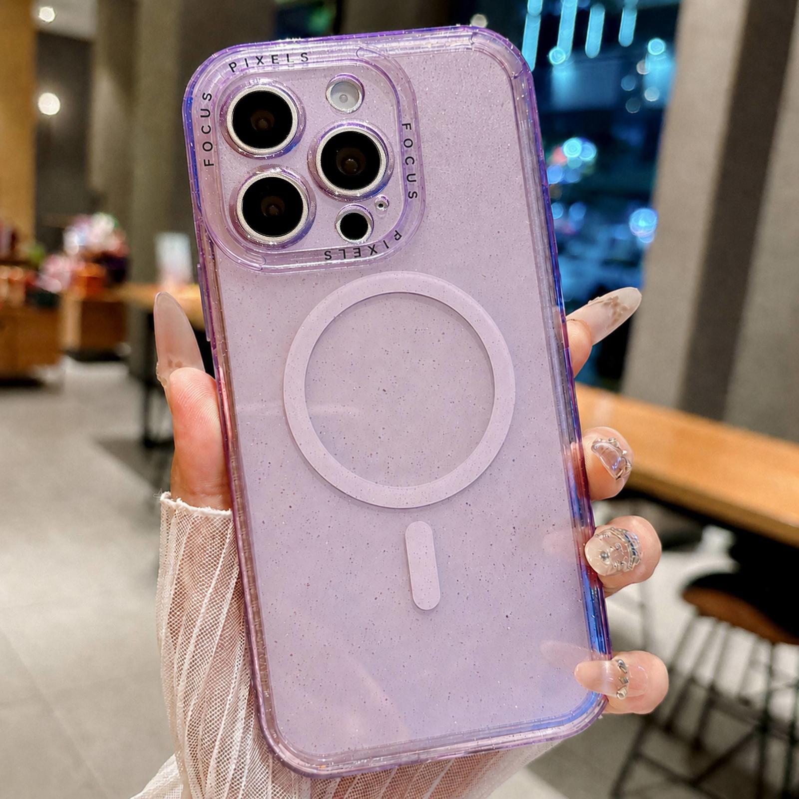 For iPhone 13 Pro Max Glitter Letter Lens Frame Magnetic Phone Case(Purple) - Shopkiz.com