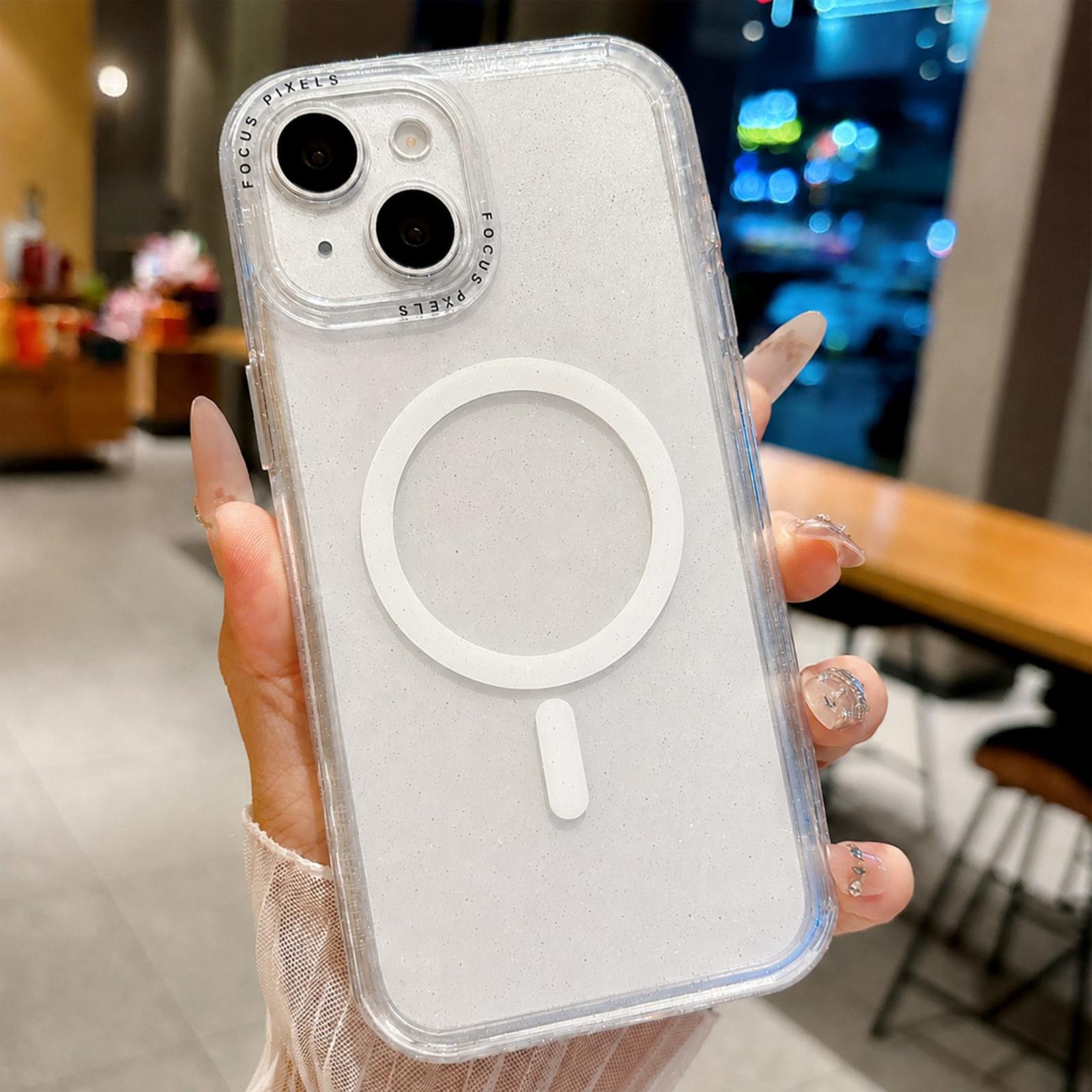 For iPhone 14 Glitter Letter Lens Frame Magnetic Phone Case(White) - Shopkiz.com