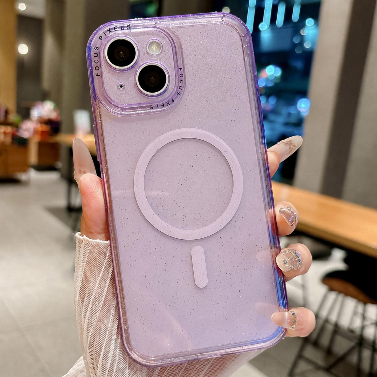 For iPhone 14 Glitter Letter Lens Frame Magnetic Phone Case(Purple) - Shopkiz.com