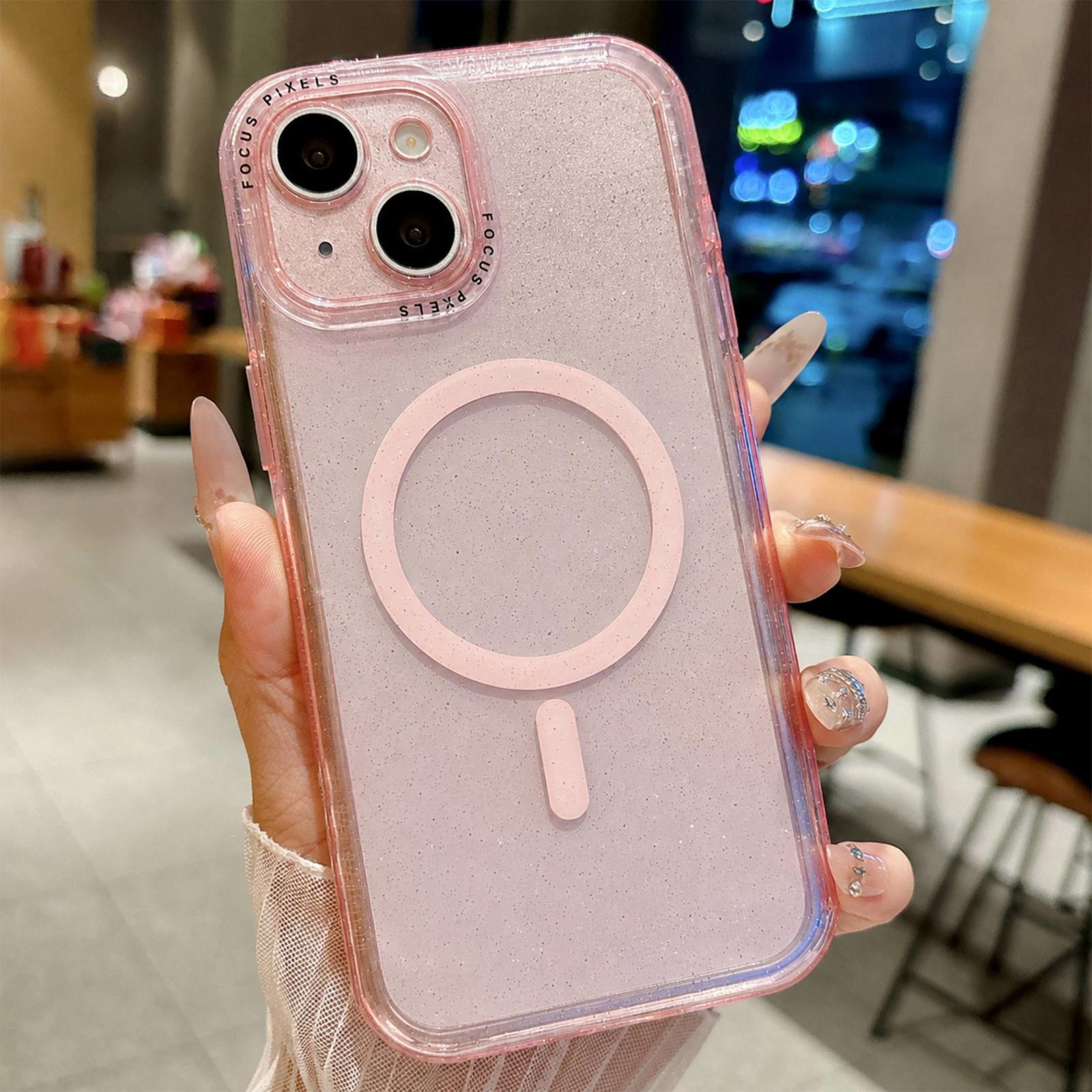 For iPhone 15 Glitter Letter Lens Frame Magnetic Phone Case(Pink) - Shopkiz.com