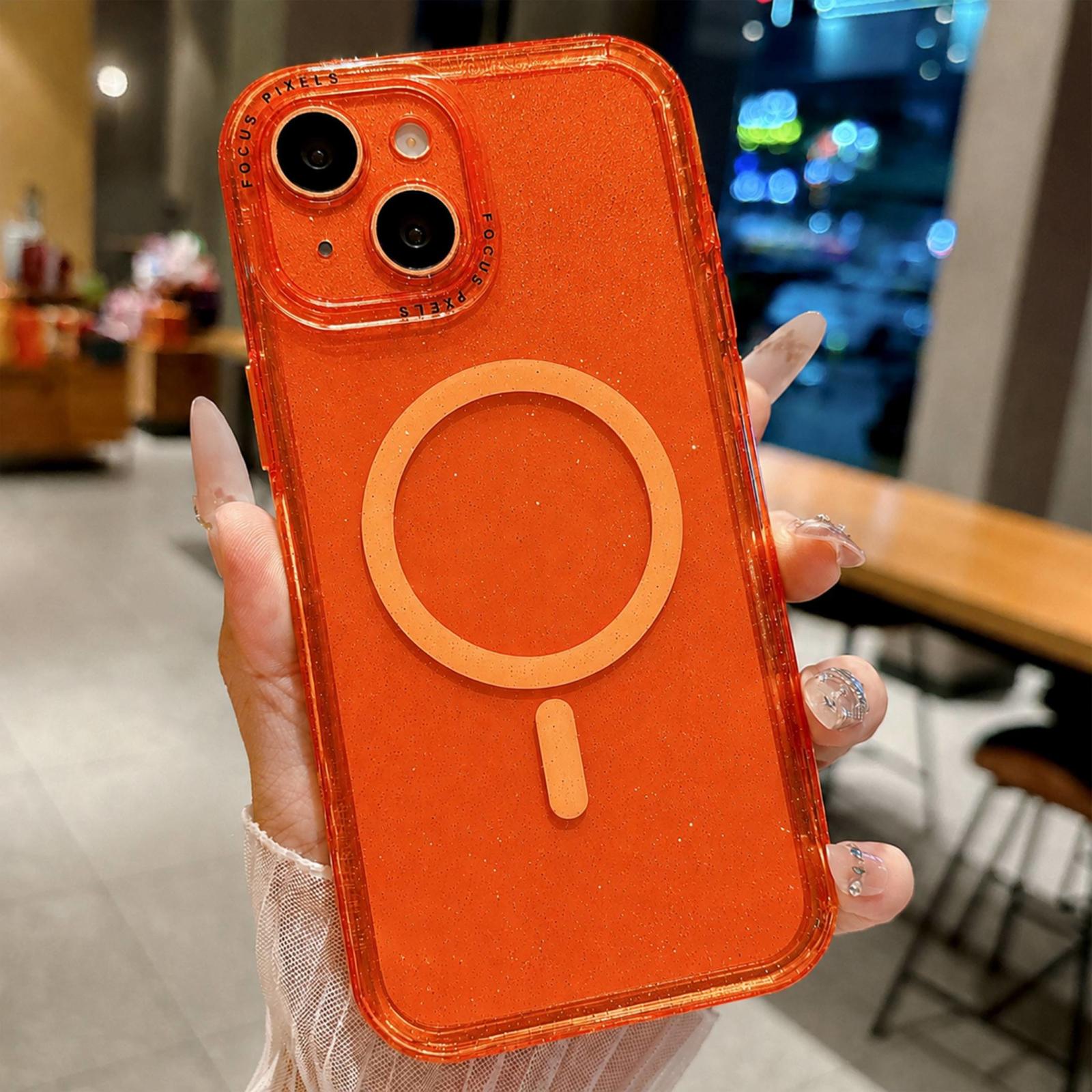 For iPhone 15 Glitter Letter Lens Frame Magnetic Phone Case(Orange) - Shopkiz.com