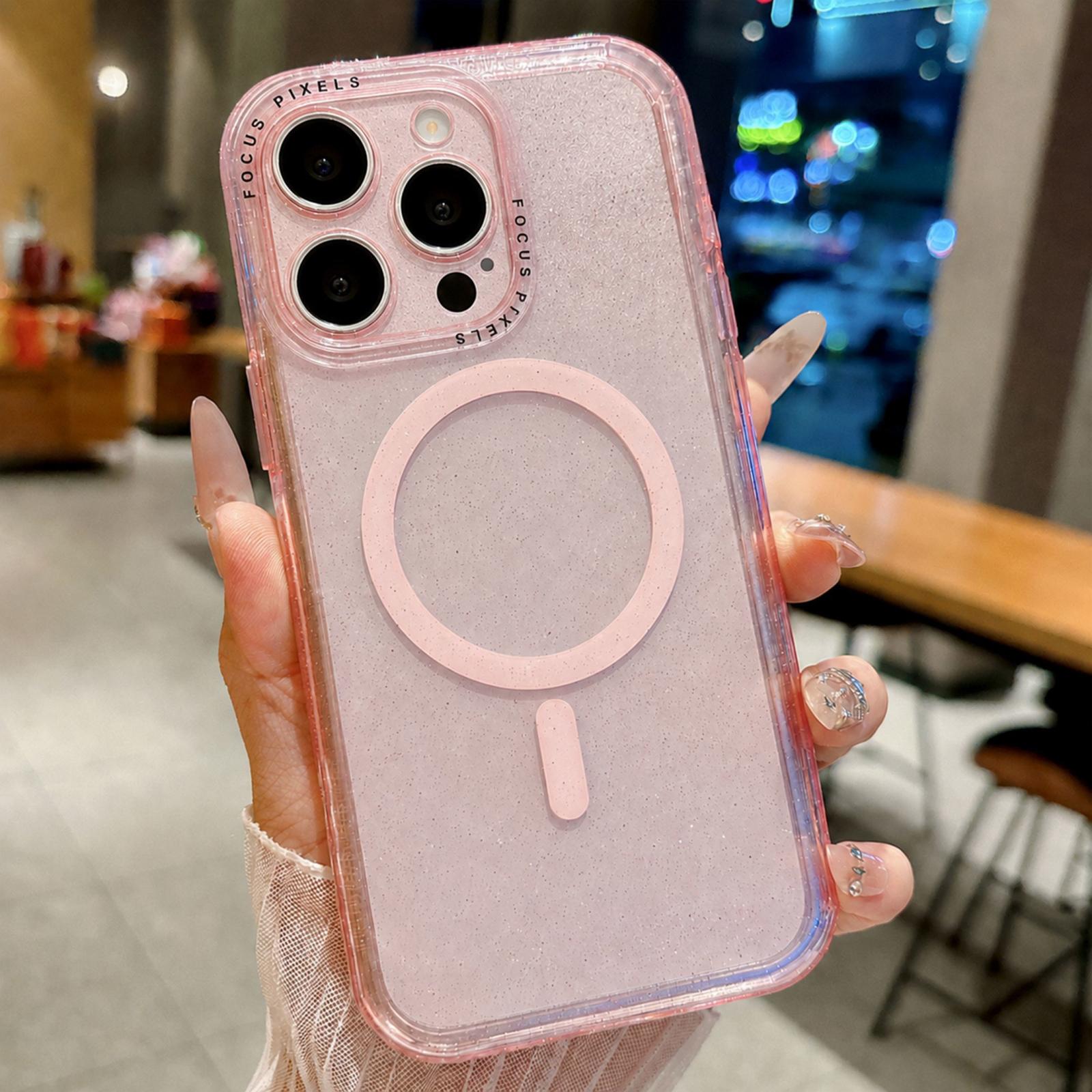 For iPhone 15 Pro Max Glitter Letter Lens Frame Magnetic Phone Case(Pink) - Shopkiz.com