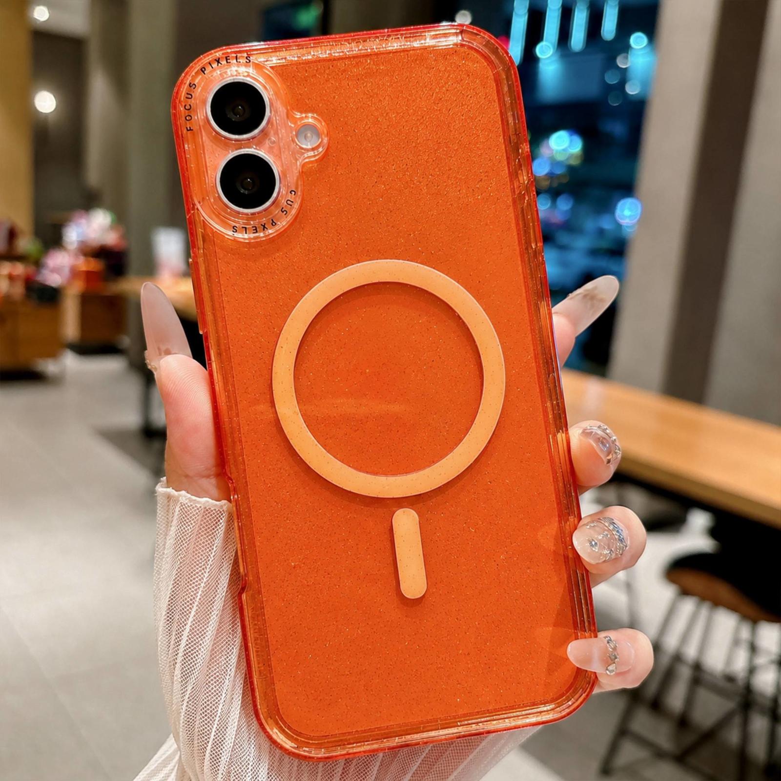 For iPhone 16 Glitter Letter Lens Frame Magnetic Phone Case(Orange) - Shopkiz.com