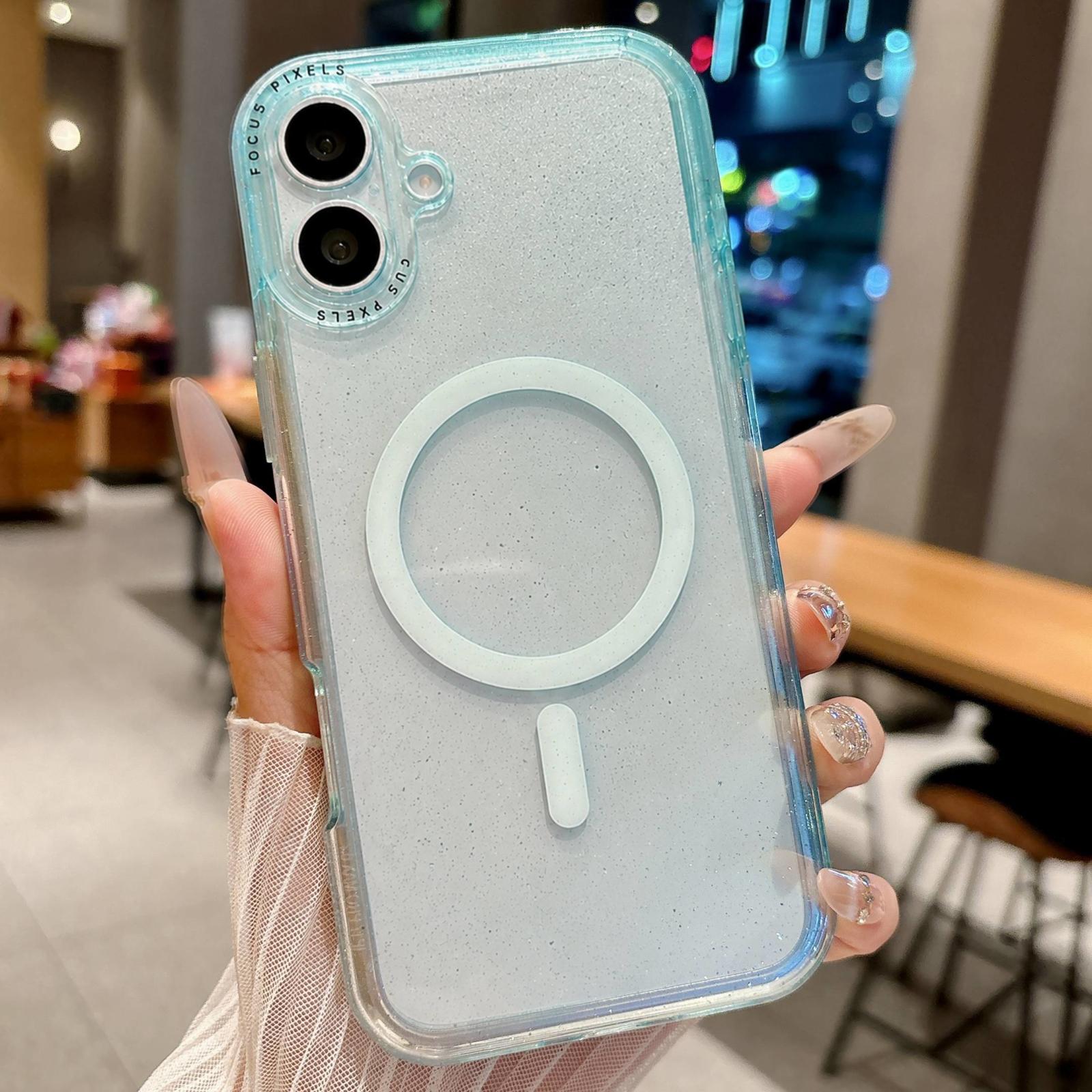 For iPhone 16 Glitter Letter Lens Frame Magnetic Phone Case(Blue) - Shopkiz.com