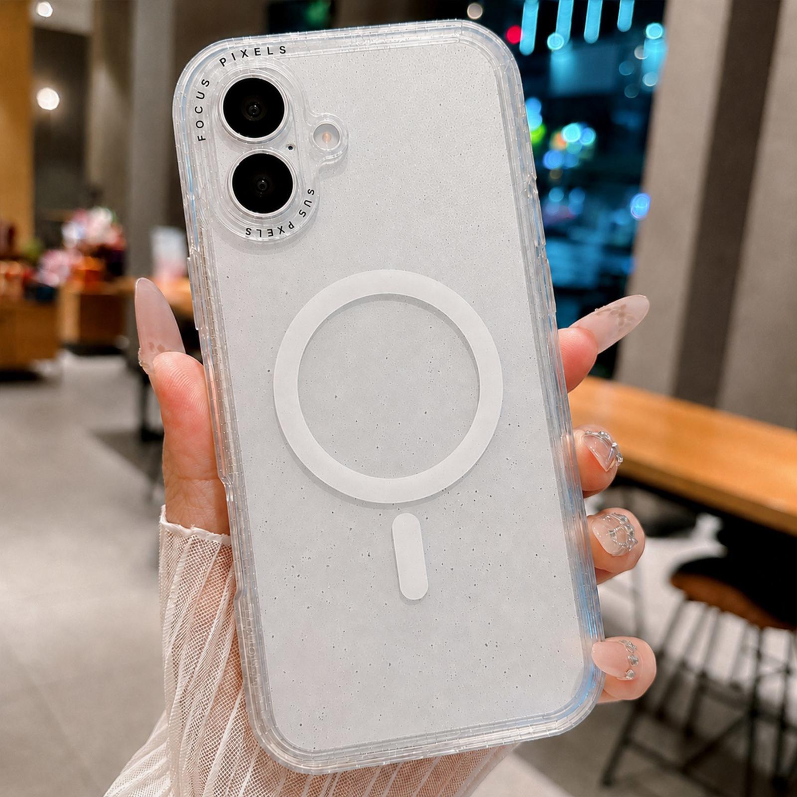 For iPhone 17 Glitter Letter Lens Frame Magnetic Phone Case(White) - Shopkiz.com