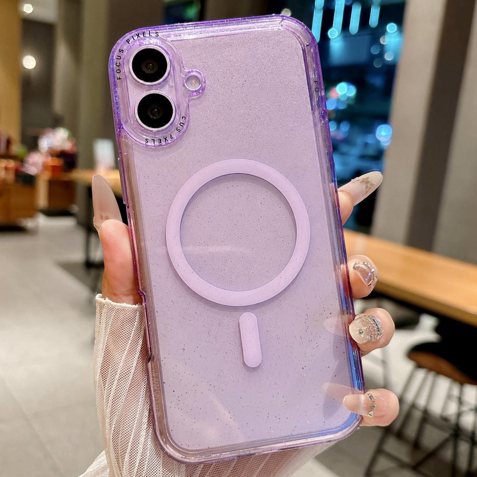 For iPhone 17 Glitter Letter Lens Frame Magnetic Phone Case(Purple) - Shopkiz.com