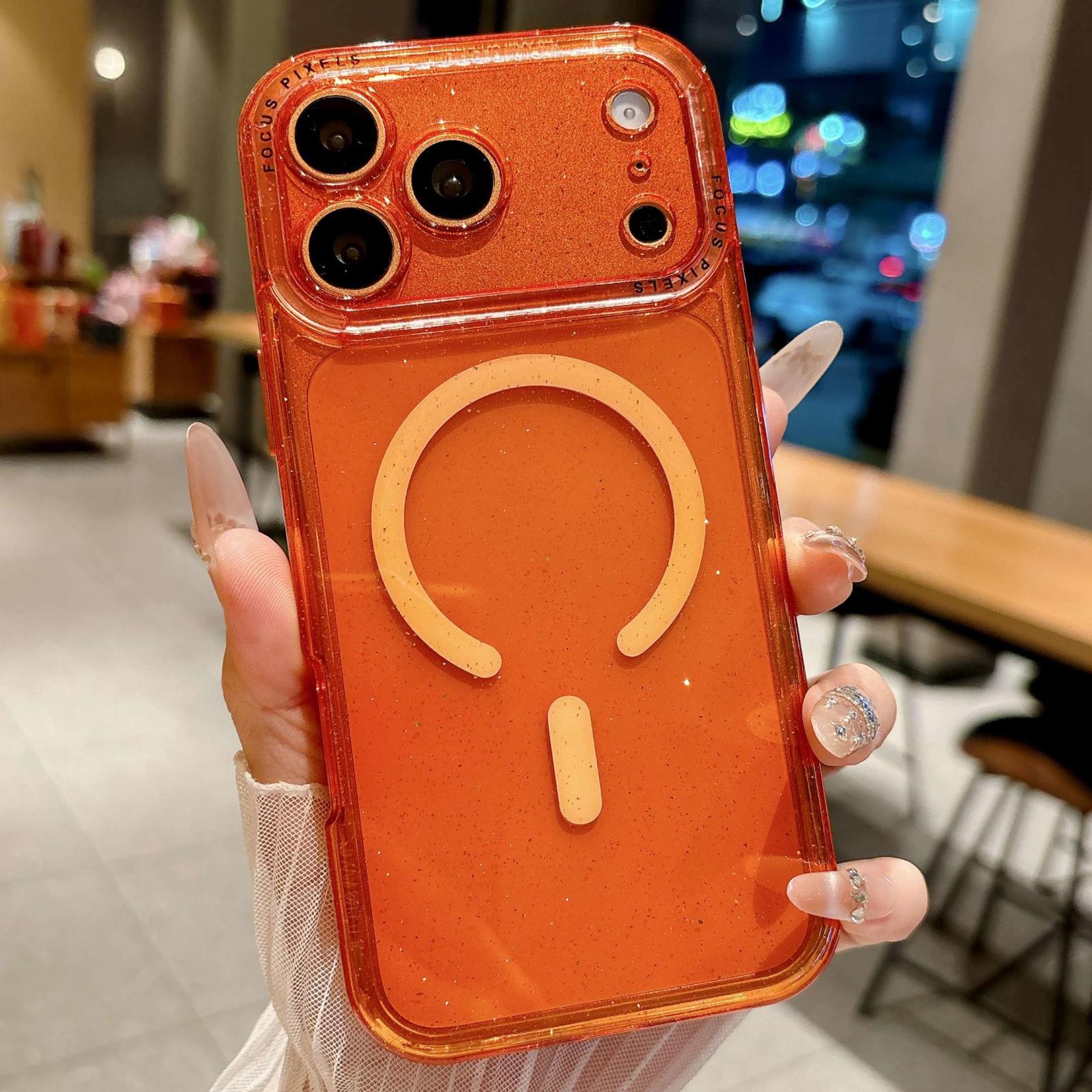 For iPhone 17 Pro Glitter Letter Lens Frame Magnetic Phone Case(Orange) - Shopkiz.com