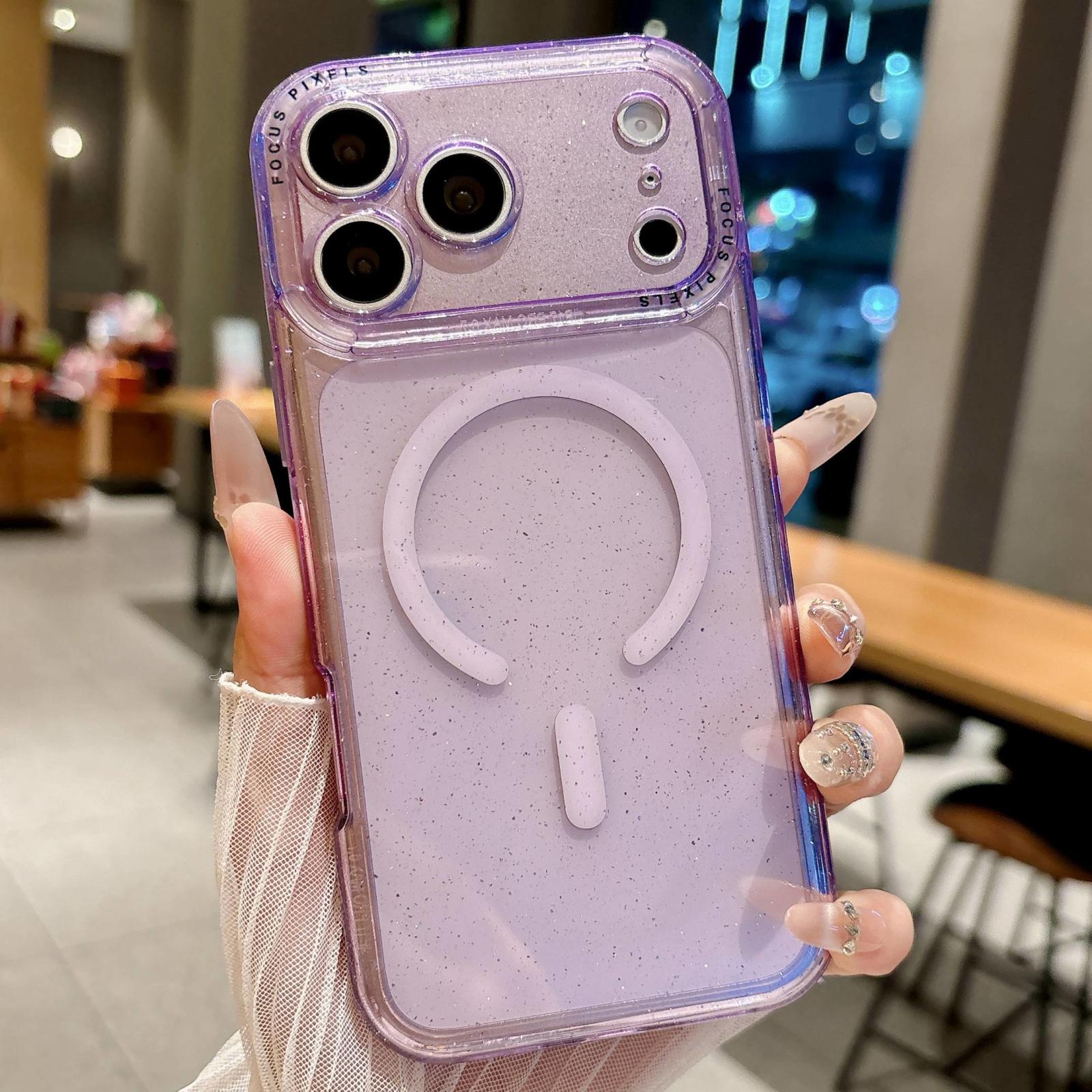 For iPhone 17 Pro Max Glitter Letter Lens Frame Magnetic Phone Case(Purple) - Shopkiz.com