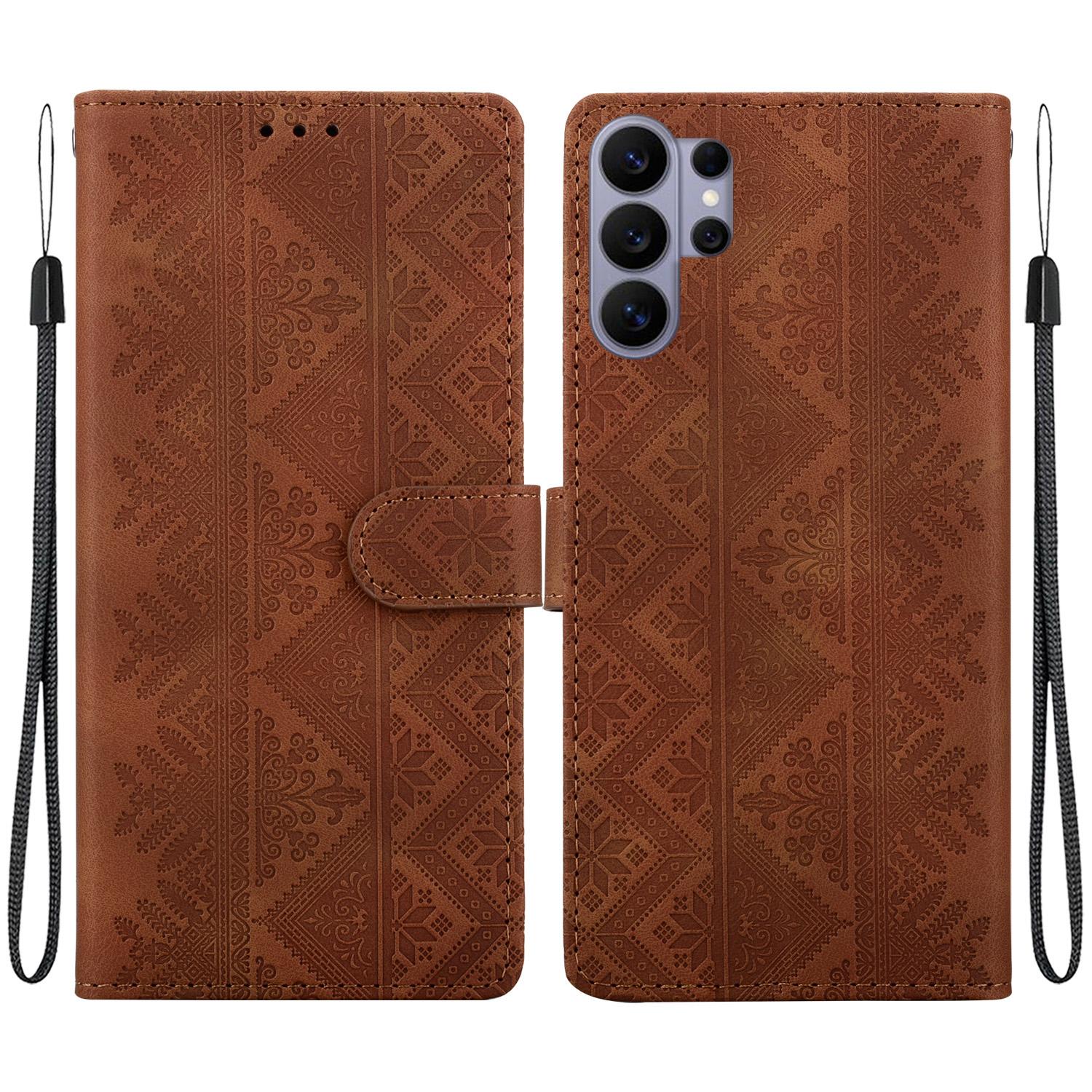 For Galaxy S26 Ultra 5G Ethnic Pattern Embossed Vegan Leather Phone Case(Brown) - Shopkiz.com