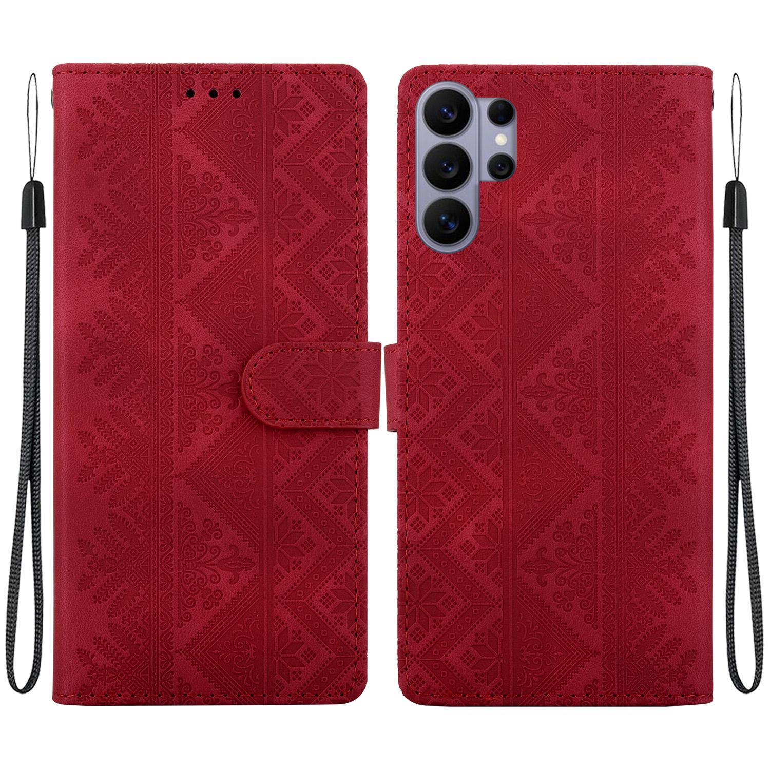 For Galaxy S26 Ultra 5G Ethnic Pattern Embossed Vegan Leather Phone Case(Red) - Shopkiz.com