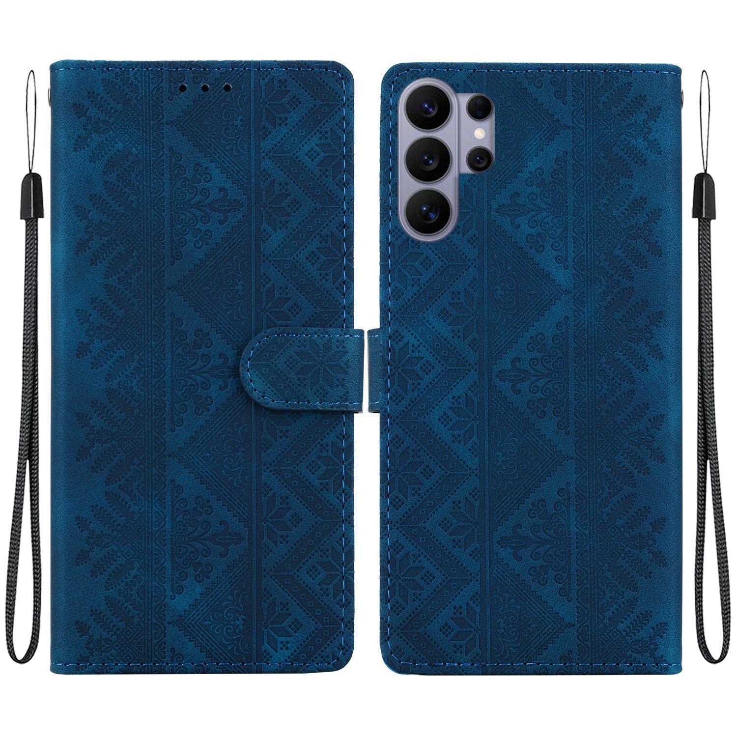 For Galaxy S26 Ultra 5G Ethnic Pattern Embossed Vegan Leather Phone Case(Dark Blue) - Shopkiz.com