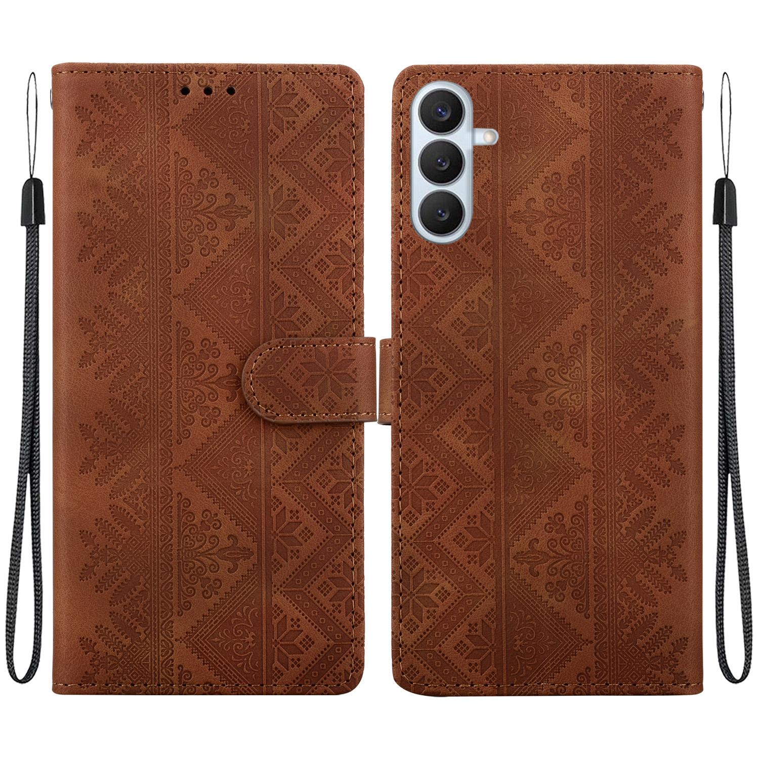 For Galaxy S26+ 5G Ethnic Pattern Embossed Vegan Leather Phone Case(Brown) - Shopkiz.com
