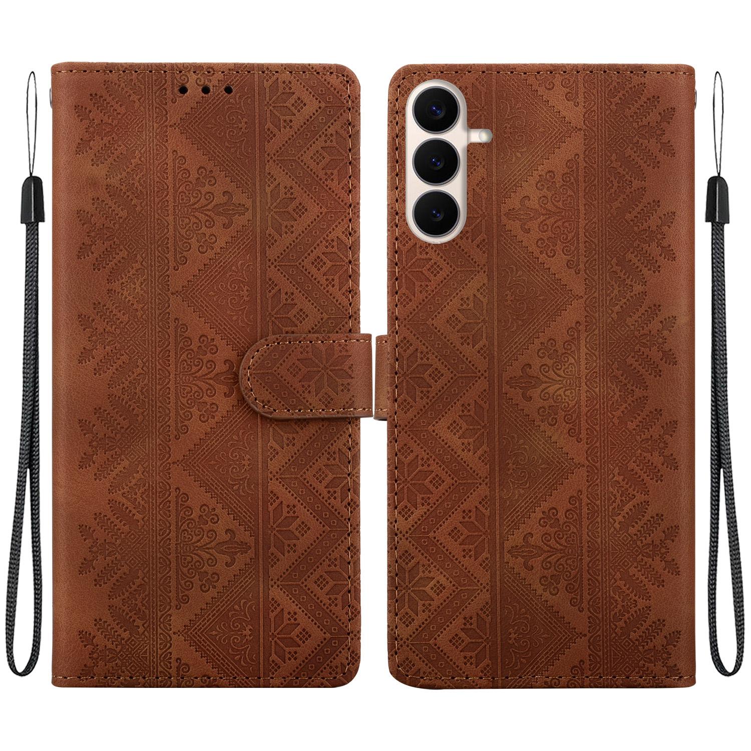 For Galaxy S26 FE 5G Ethnic Pattern Embossed Vegan Leather Phone Case(Brown) - Shopkiz.com