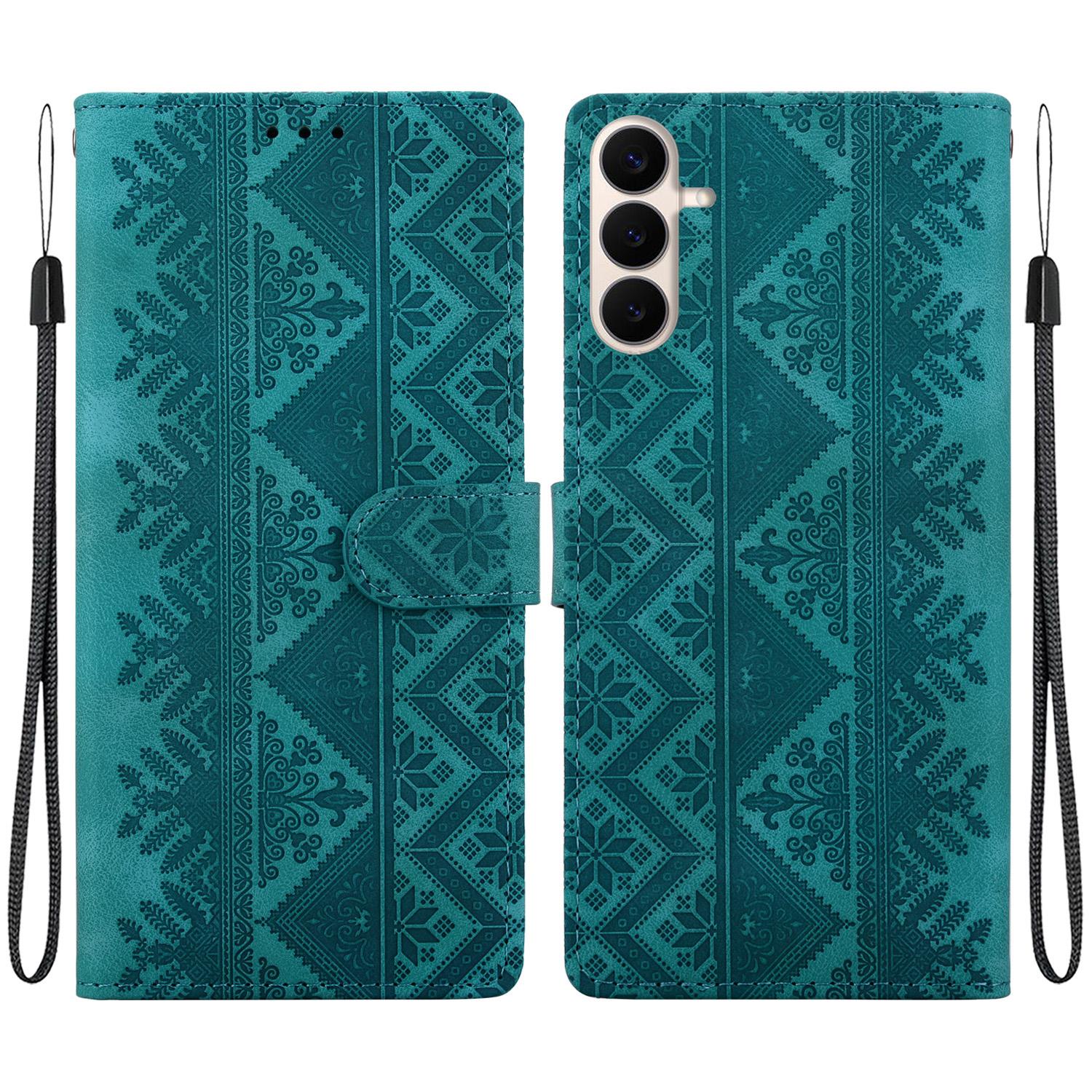 For Galaxy S26 FE 5G Ethnic Pattern Embossed Vegan Leather Phone Case(Green) - Shopkiz.com