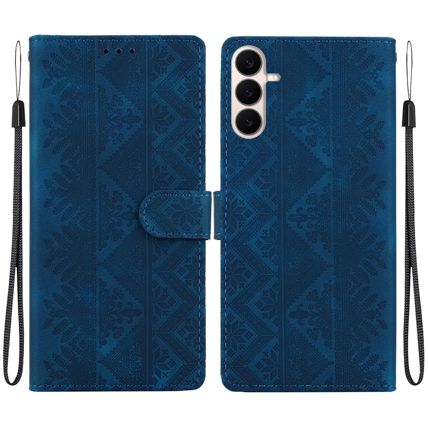 For Galaxy S26 FE 5G Ethnic Pattern Embossed Vegan Leather Phone Case(Dark Blue) - Shopkiz.com