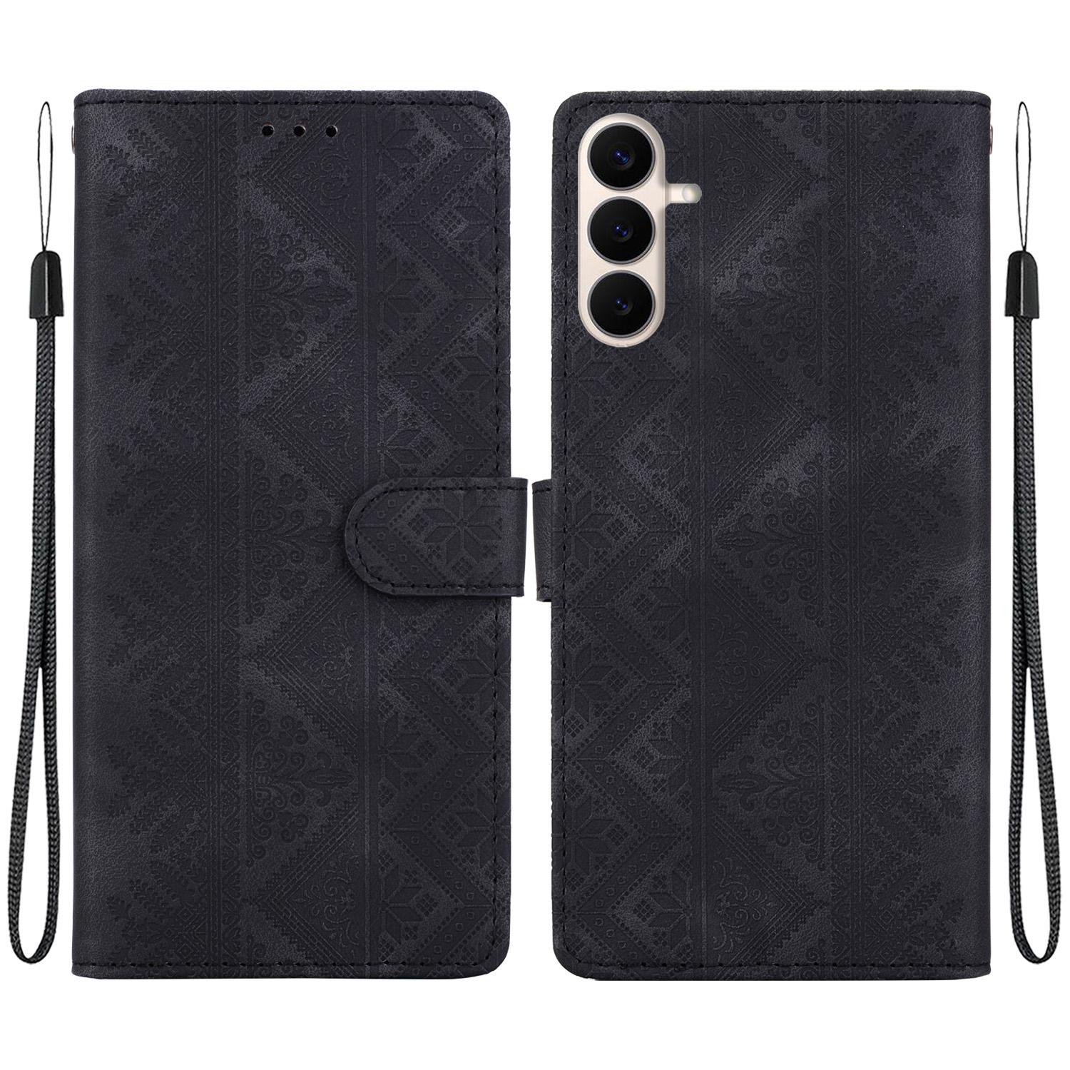 For Galaxy S26 FE 5G Ethnic Pattern Embossed Vegan Leather Phone Case(Black) - Shopkiz.com