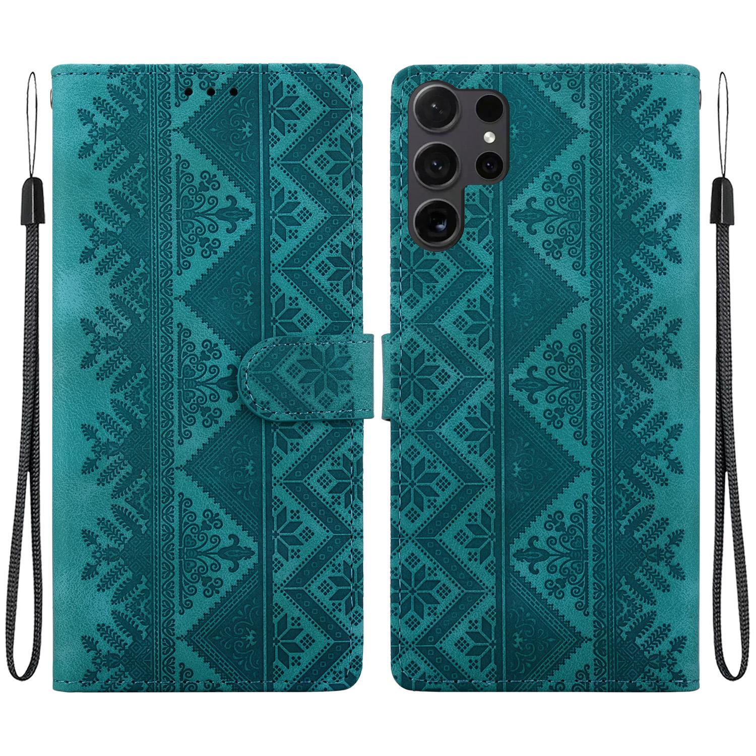 For Galaxy S25 Ultra 5G Ethnic Pattern Embossed Vegan Leather Phone Case(Green) - Shopkiz.com