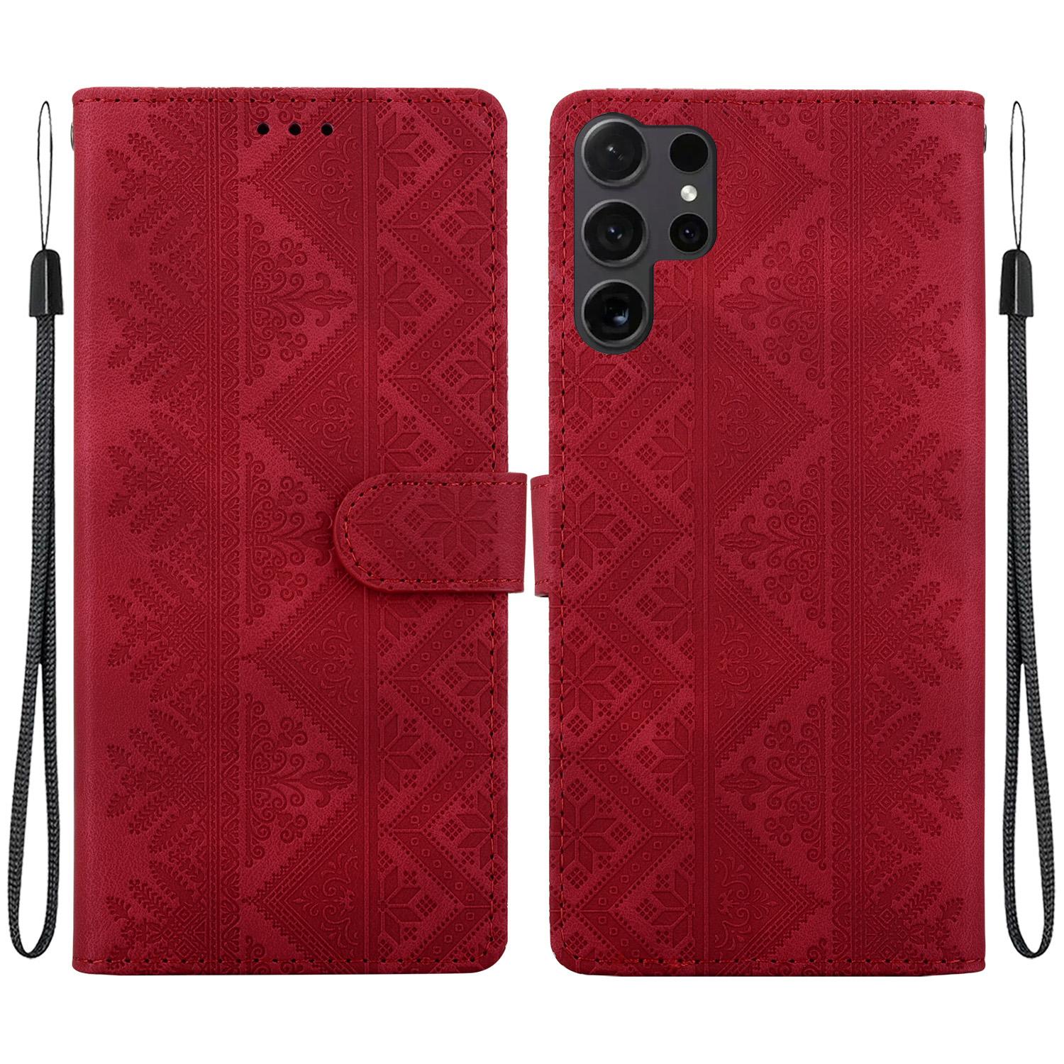 For Galaxy S25 Ultra 5G Ethnic Pattern Embossed Vegan Leather Phone Case(Red) - Shopkiz.com