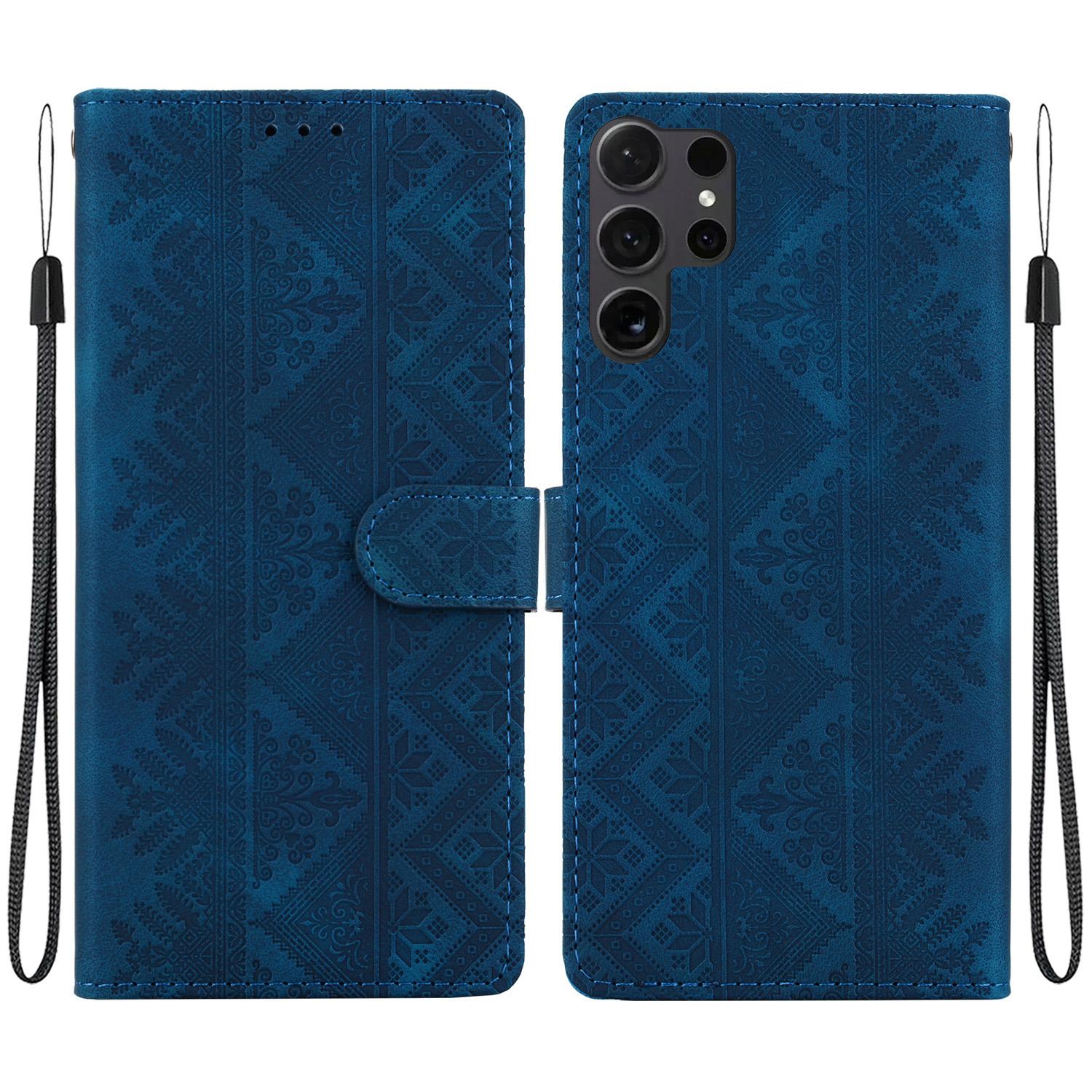For Galaxy S25 Ultra 5G Ethnic Pattern Embossed Vegan Leather Phone Case(Dark Blue) - Shopkiz.com