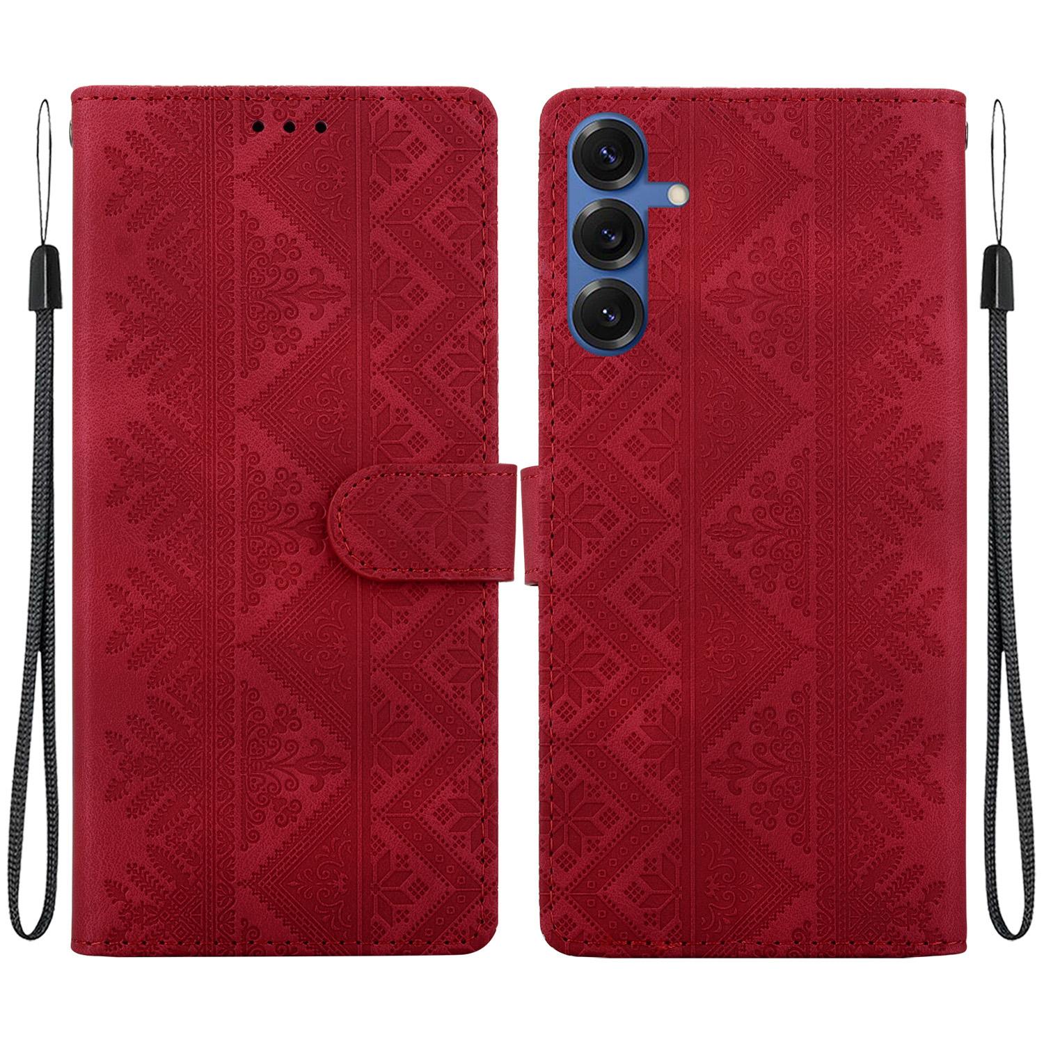 For Galaxy S25+ 5G Ethnic Pattern Embossed Vegan Leather Phone Case(Red) - Shopkiz.com