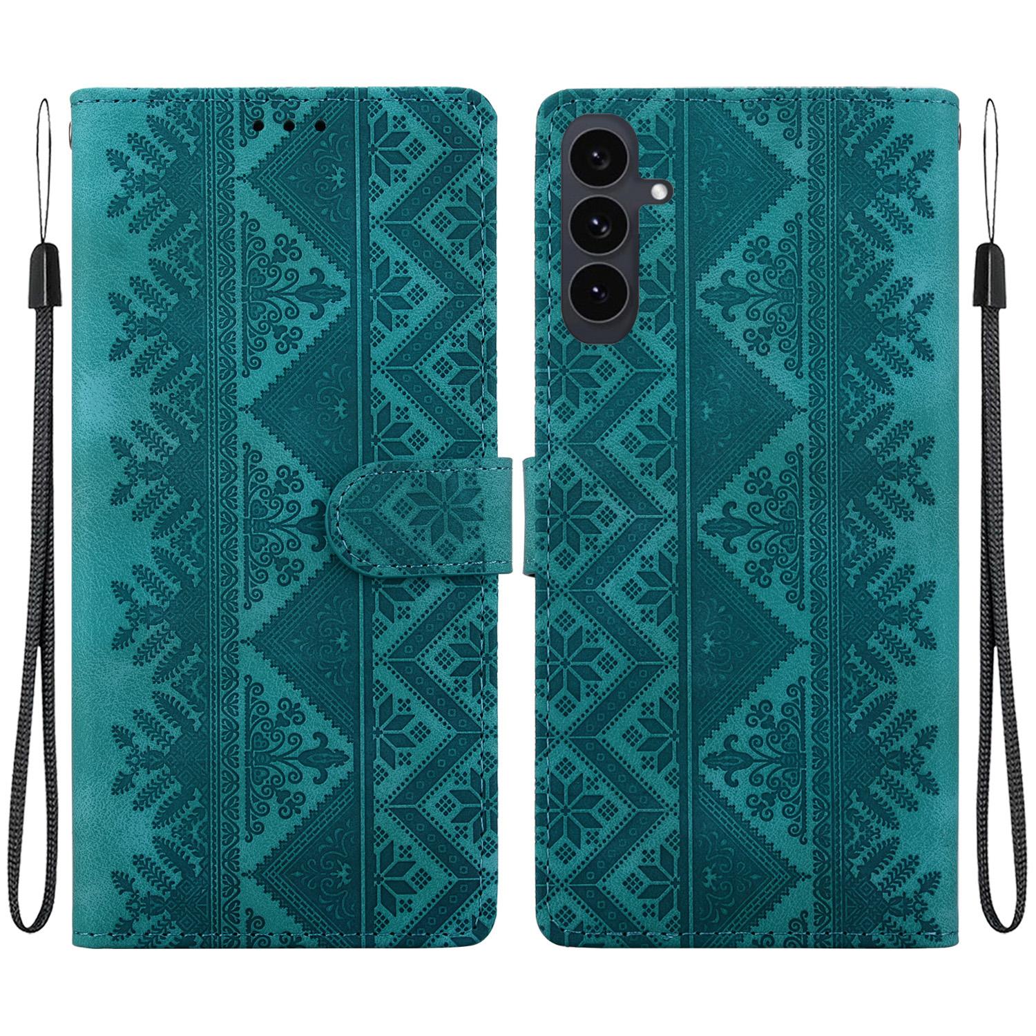 For Galaxy S25 FE 5G Ethnic Pattern Embossed Vegan Leather Phone Case(Green) - Shopkiz.com