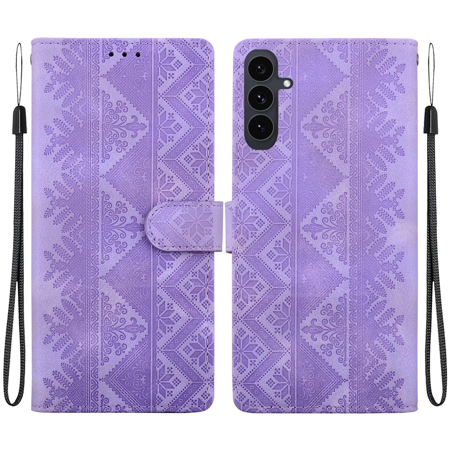 For Galaxy S25 FE 5G Ethnic Pattern Embossed Vegan Leather Phone Case(Purple) - Shopkiz.com
