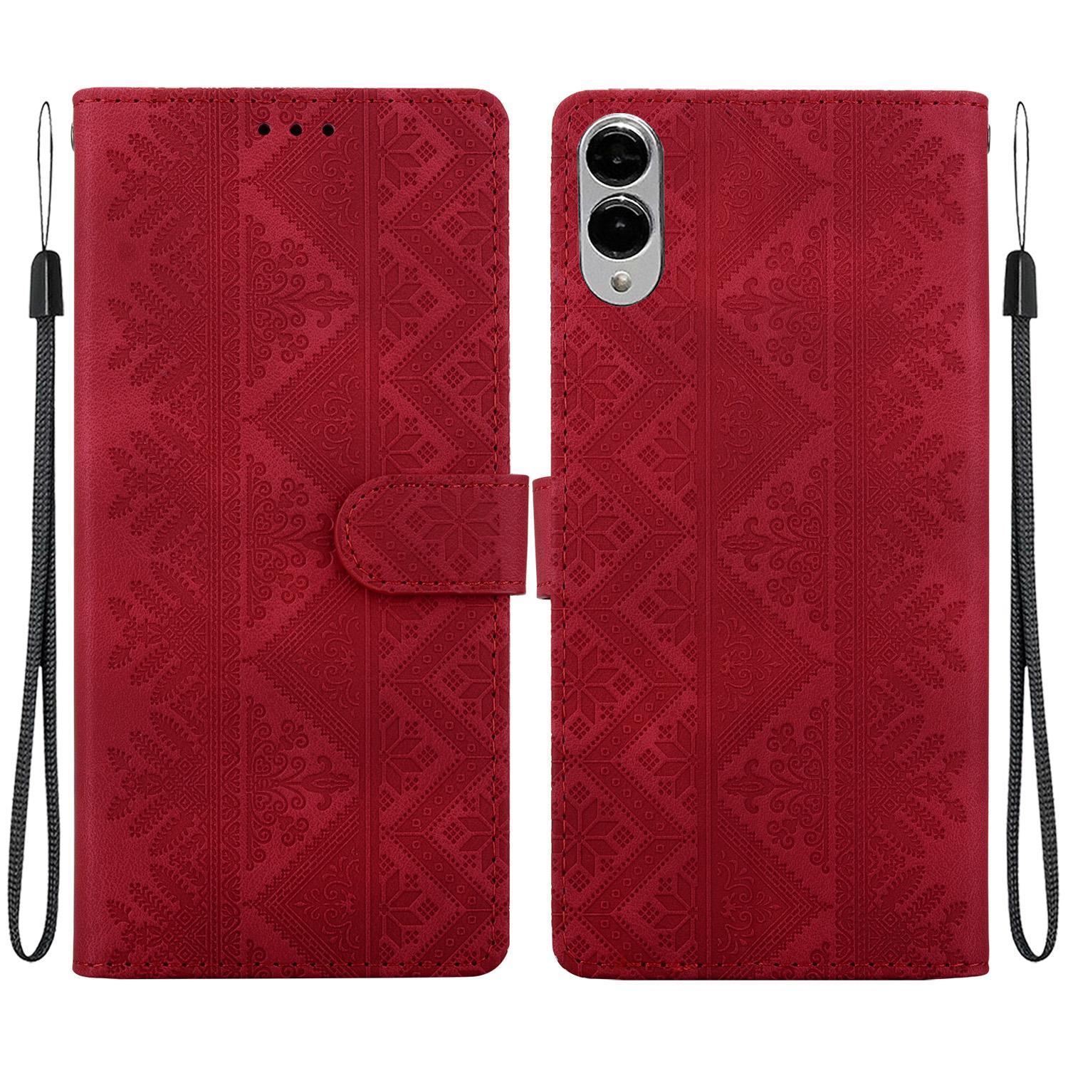 For Galaxy S25 Edge 5G Ethnic Pattern Embossed Vegan Leather Phone Case(Red) - Shopkiz.com