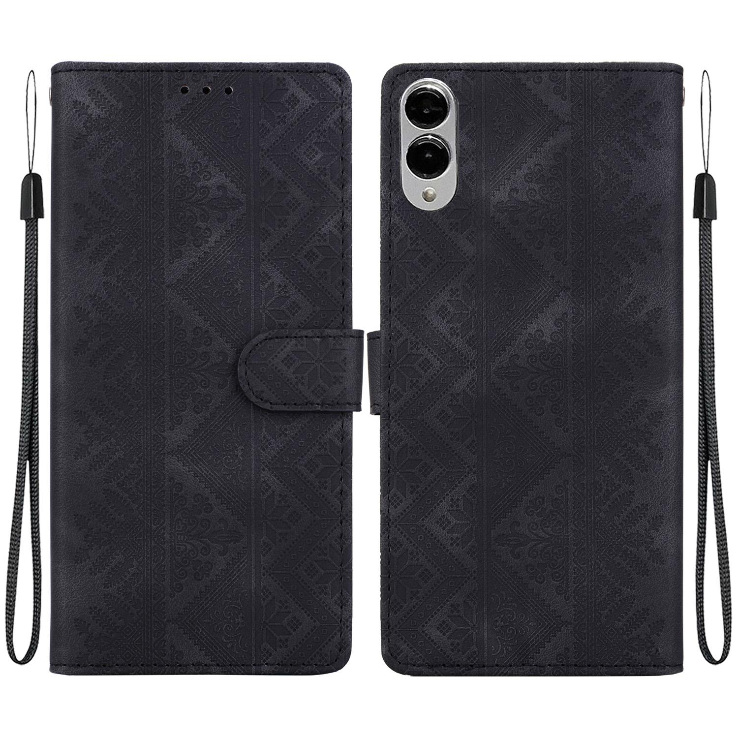For Galaxy S25 Edge 5G Ethnic Pattern Embossed Vegan Leather Phone Case(Black) - Shopkiz.com