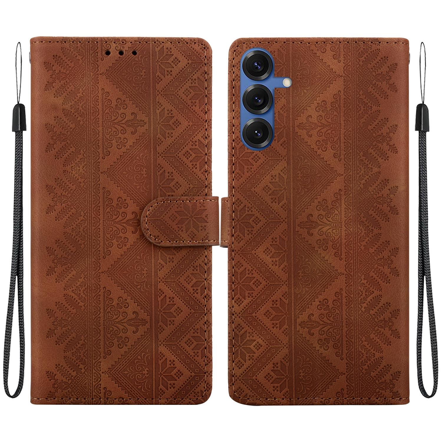 For Galaxy S25 5G Ethnic Pattern Embossed Vegan Leather Phone Case(Brown) - Shopkiz.com