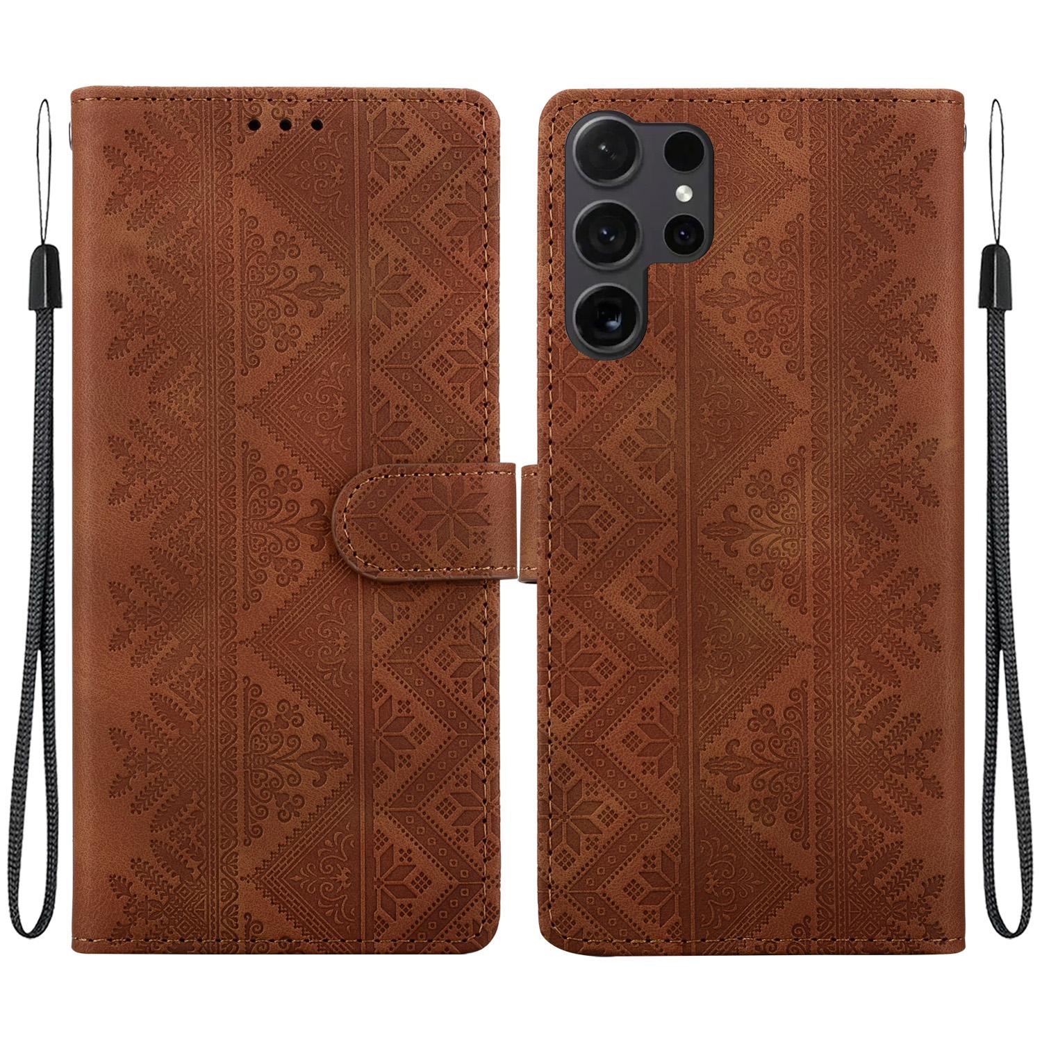 For Galaxy S24 Ultra 5G Ethnic Pattern Embossed Vegan Leather Phone Case(Brown) - Shopkiz.com
