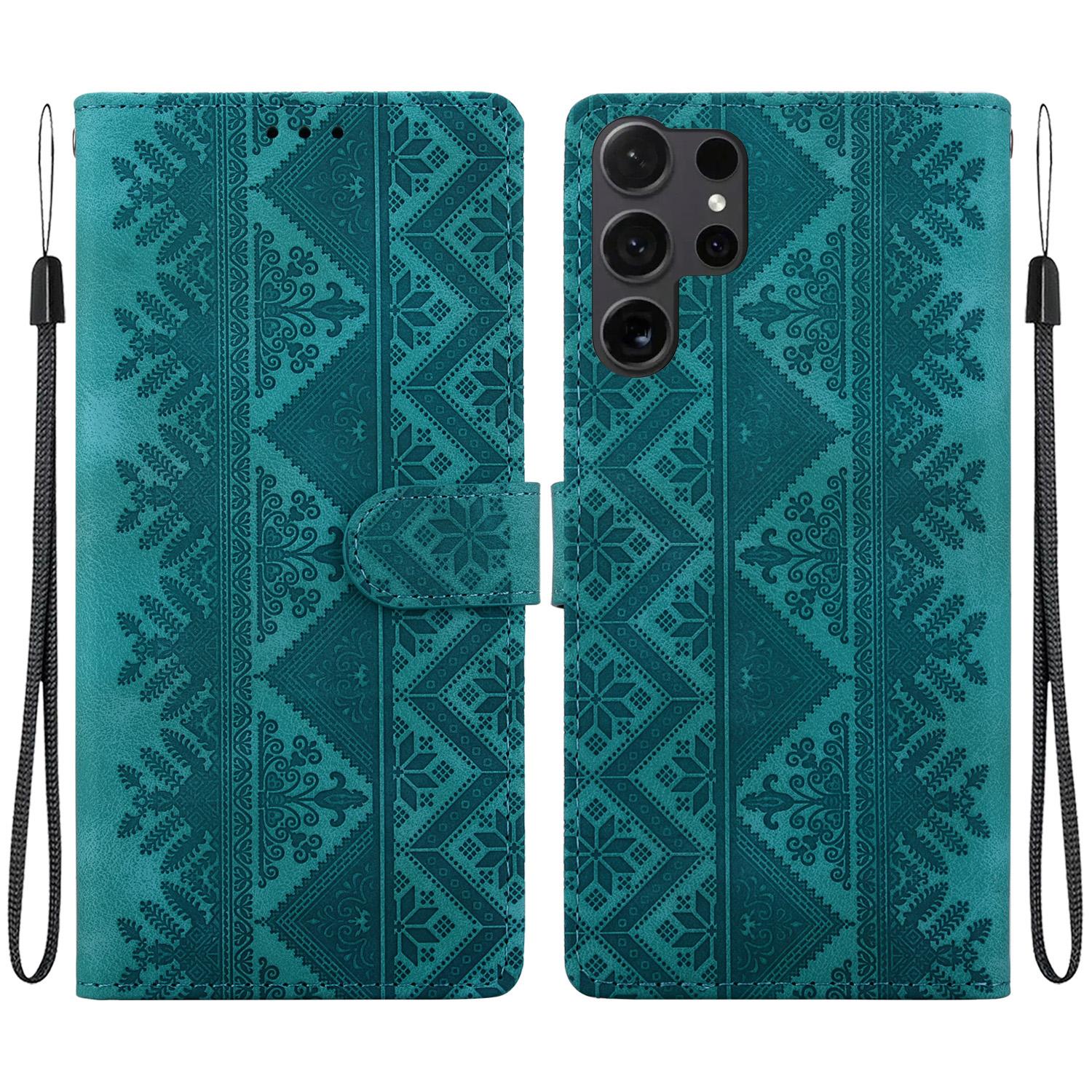 For Galaxy S24 Ultra 5G Ethnic Pattern Embossed Vegan Leather Phone Case(Green) - Shopkiz.com