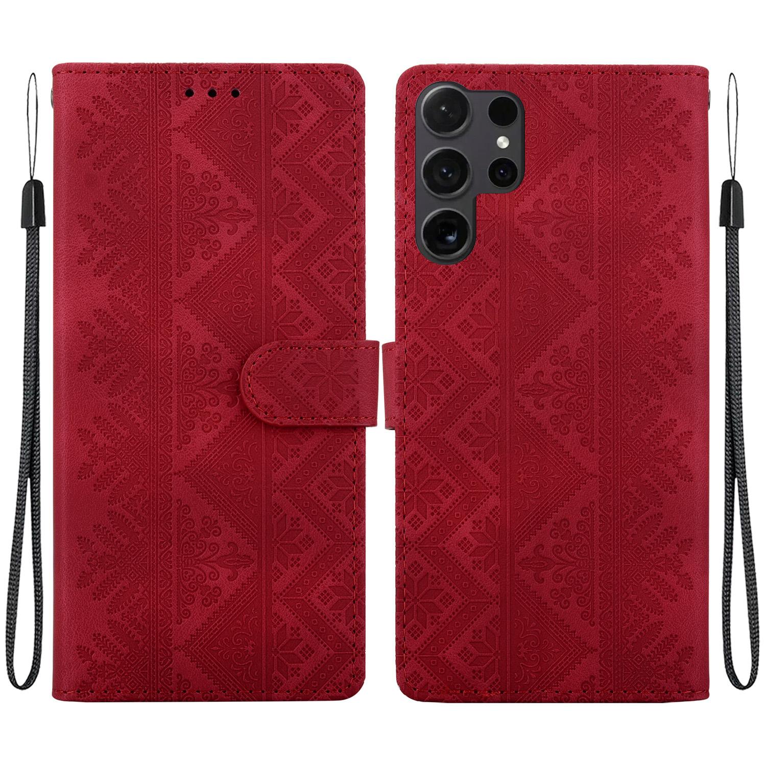 For Galaxy S24 Ultra 5G Ethnic Pattern Embossed Vegan Leather Phone Case(Red) - Shopkiz.com