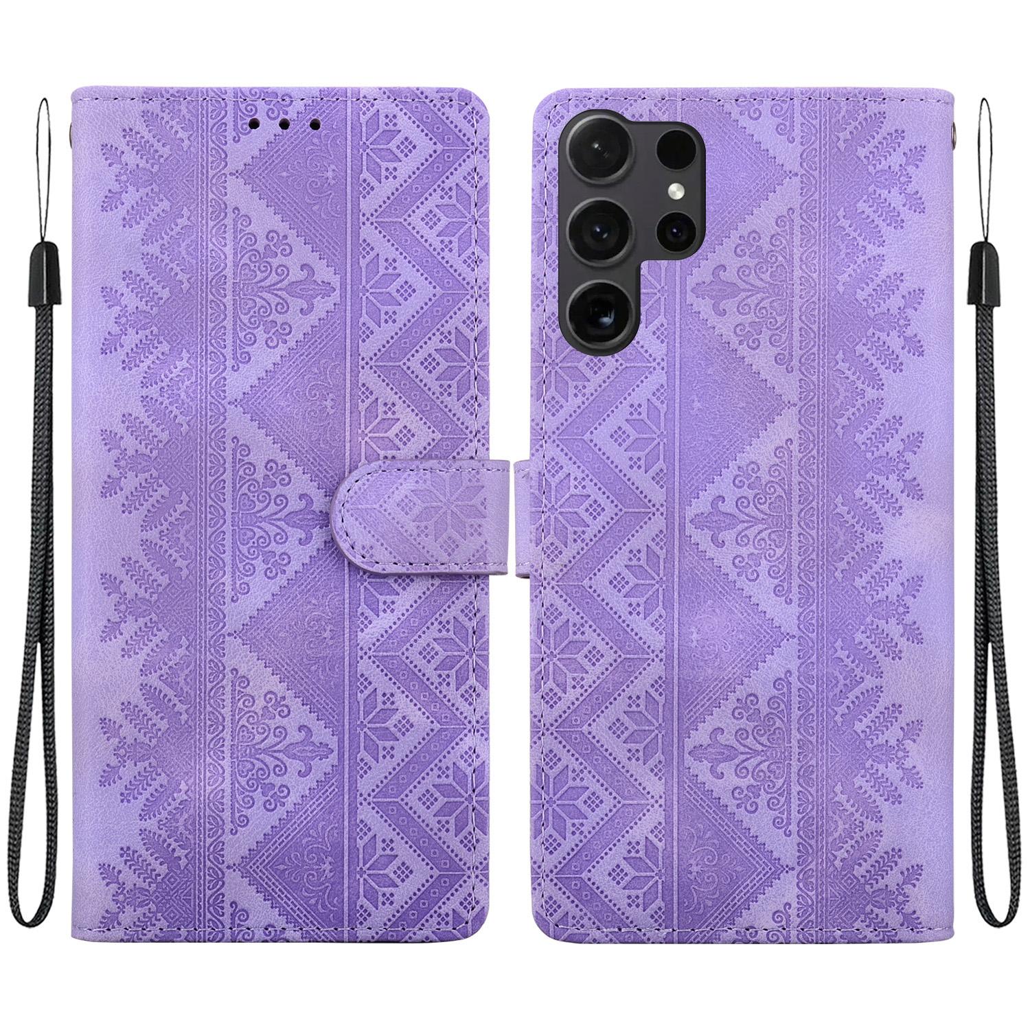 For Galaxy S24 Ultra 5G Ethnic Pattern Embossed Vegan Leather Phone Case(Purple) - Shopkiz.com