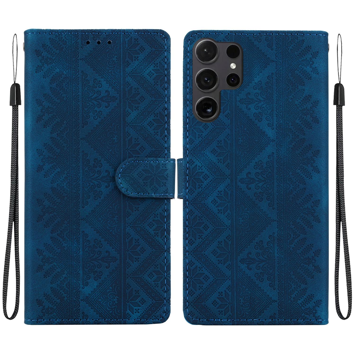 For Galaxy S24 Ultra 5G Ethnic Pattern Embossed Vegan Leather Phone Case(Dark Blue) - Shopkiz.com