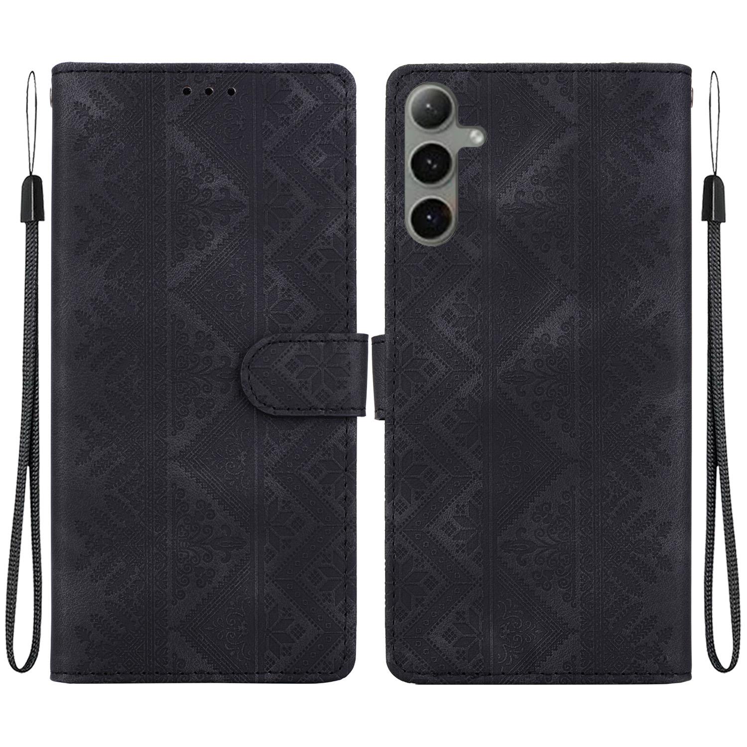For Galaxy S24+ 5G Ethnic Pattern Embossed Vegan Leather Phone Case(Black) - Shopkiz.com