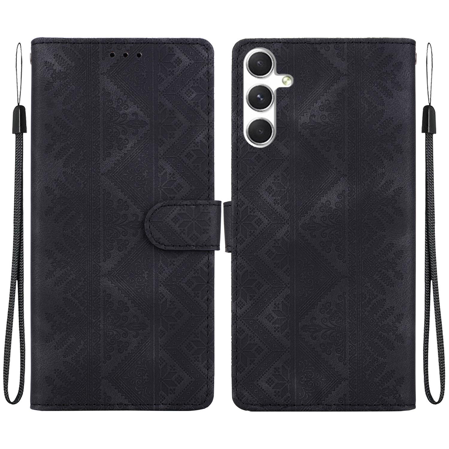 For Galaxy S24 5G Ethnic Pattern Embossed Vegan Leather Phone Case(Black) - Shopkiz.com