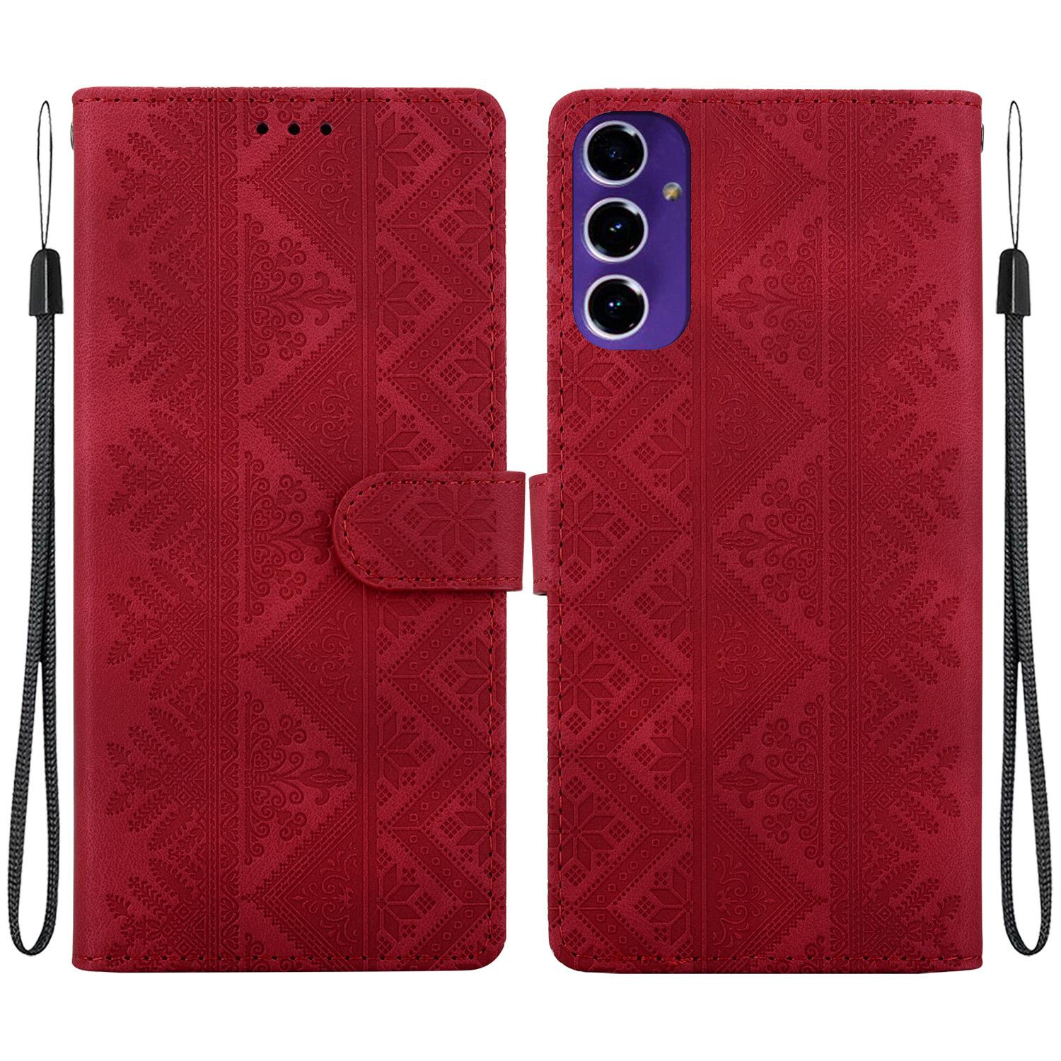 For Galaxy S24 FE 5G Ethnic Pattern Embossed Vegan Leather Phone Case(Red) - Shopkiz.com