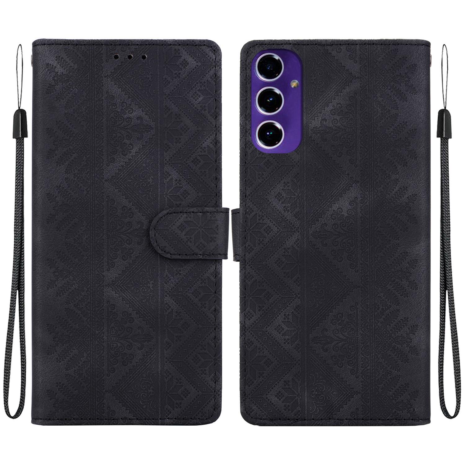For Galaxy S24 FE 5G Ethnic Pattern Embossed Vegan Leather Phone Case(Black) - Shopkiz.com
