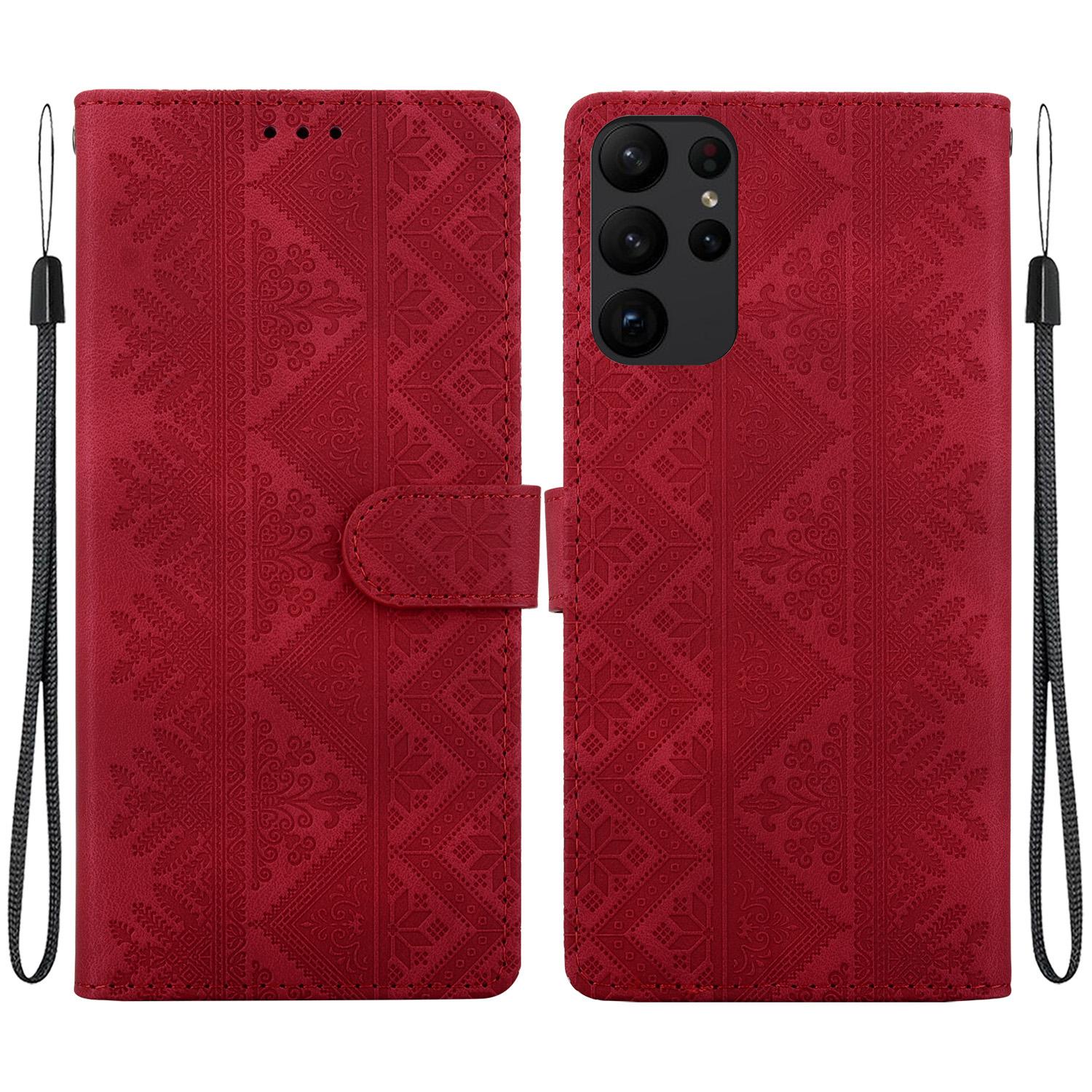 For Galaxy S23 Ultra 5G Ethnic Pattern Embossed Vegan Leather Phone Case(Red) - Shopkiz.com