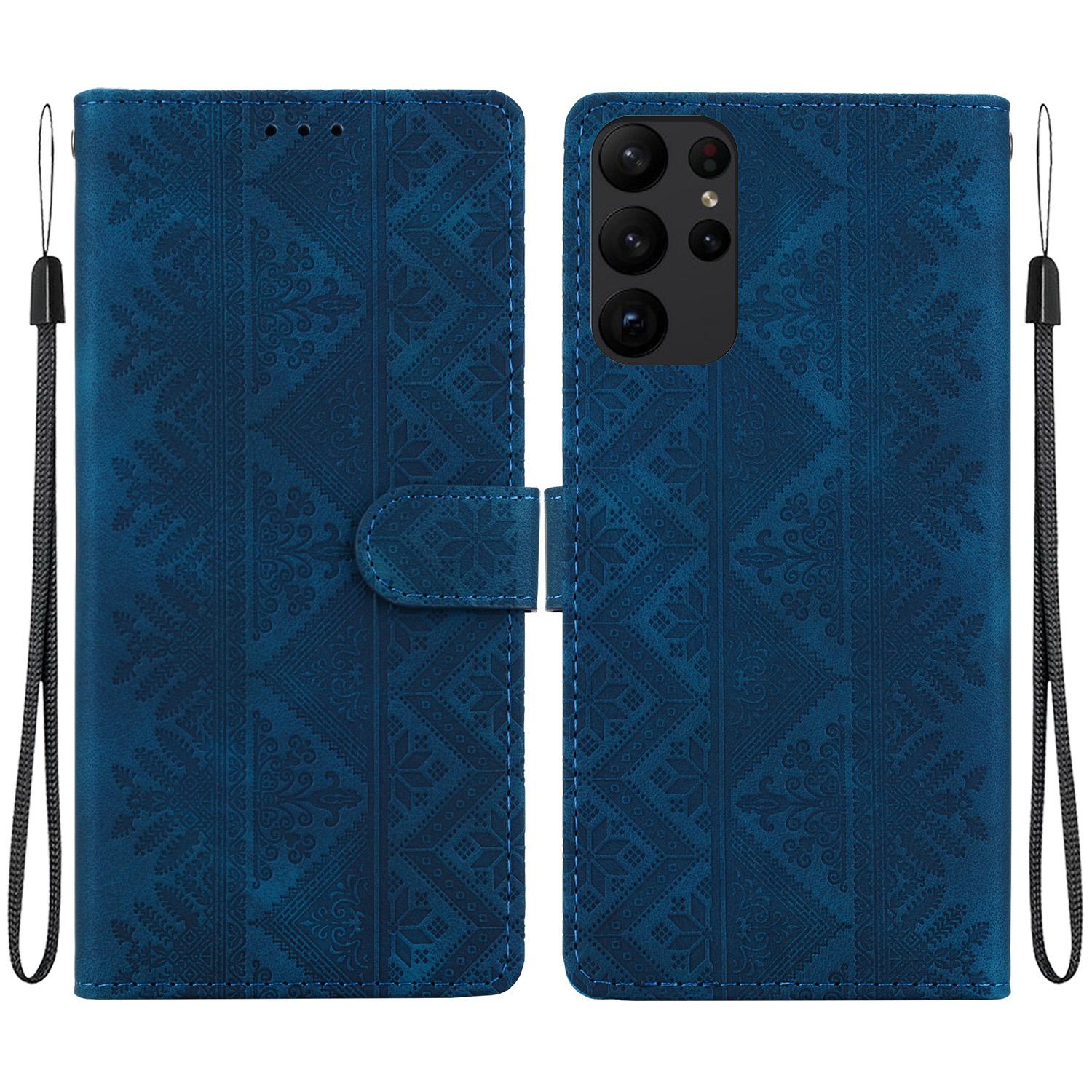 For Galaxy S23 Ultra 5G Ethnic Pattern Embossed Vegan Leather Phone Case(Dark Blue) - Shopkiz.com